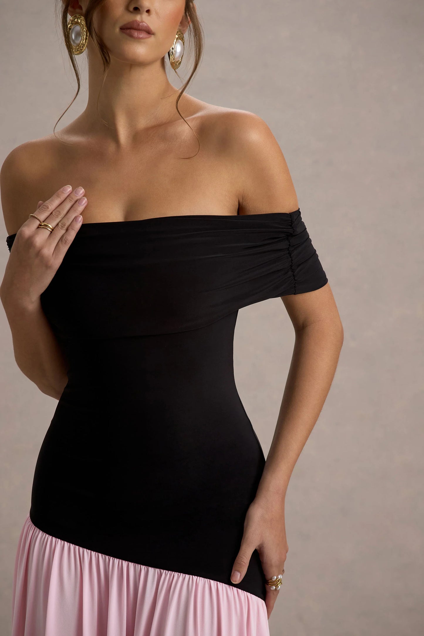 Venezia Black & Pink Bardot Maxi Dress With Drop-Waist