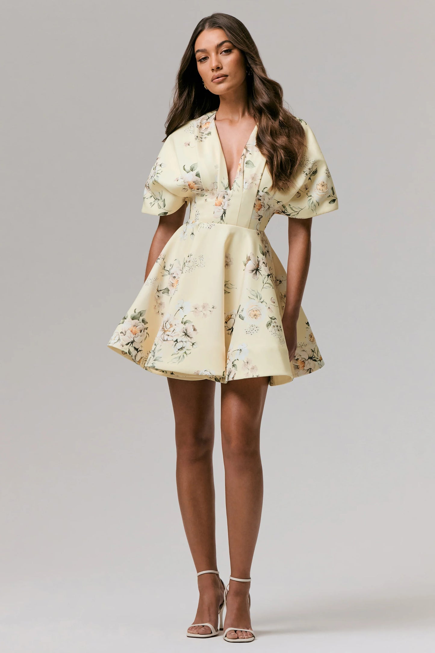 Delight Lemon Print Plunge-Neck Ruffled Mini Dress