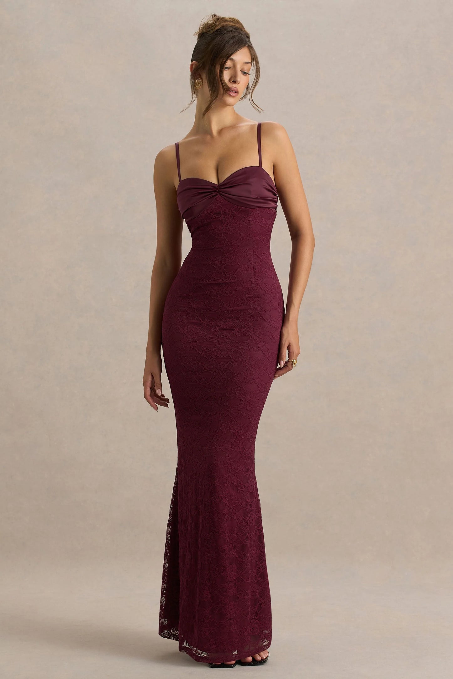 Juana Burgundy Lace And Satin Sweetheart-Neck Satin Maxi Dress