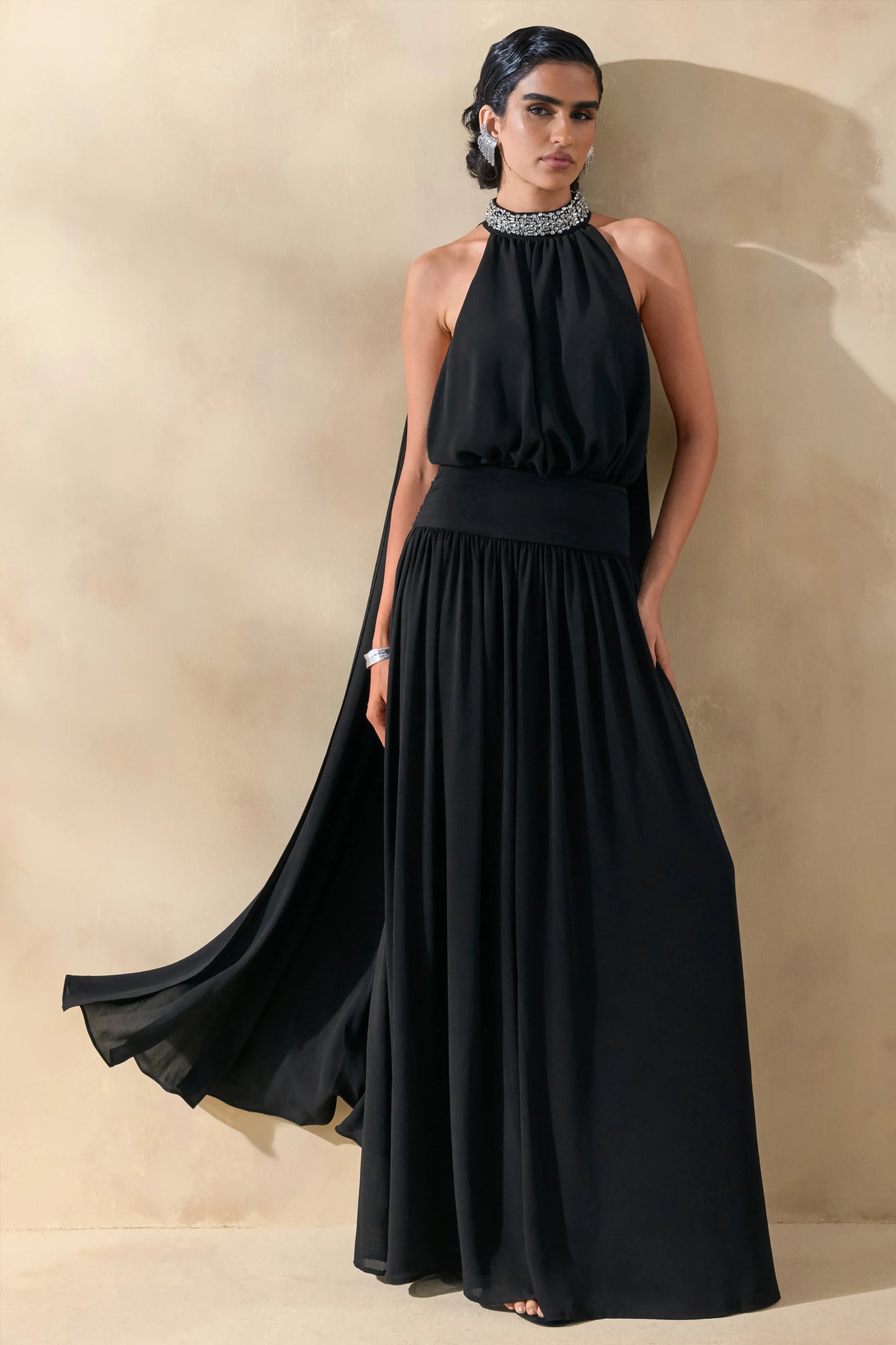 Marie Black Halter-Neck Maxi Dress With Embellished Detailing