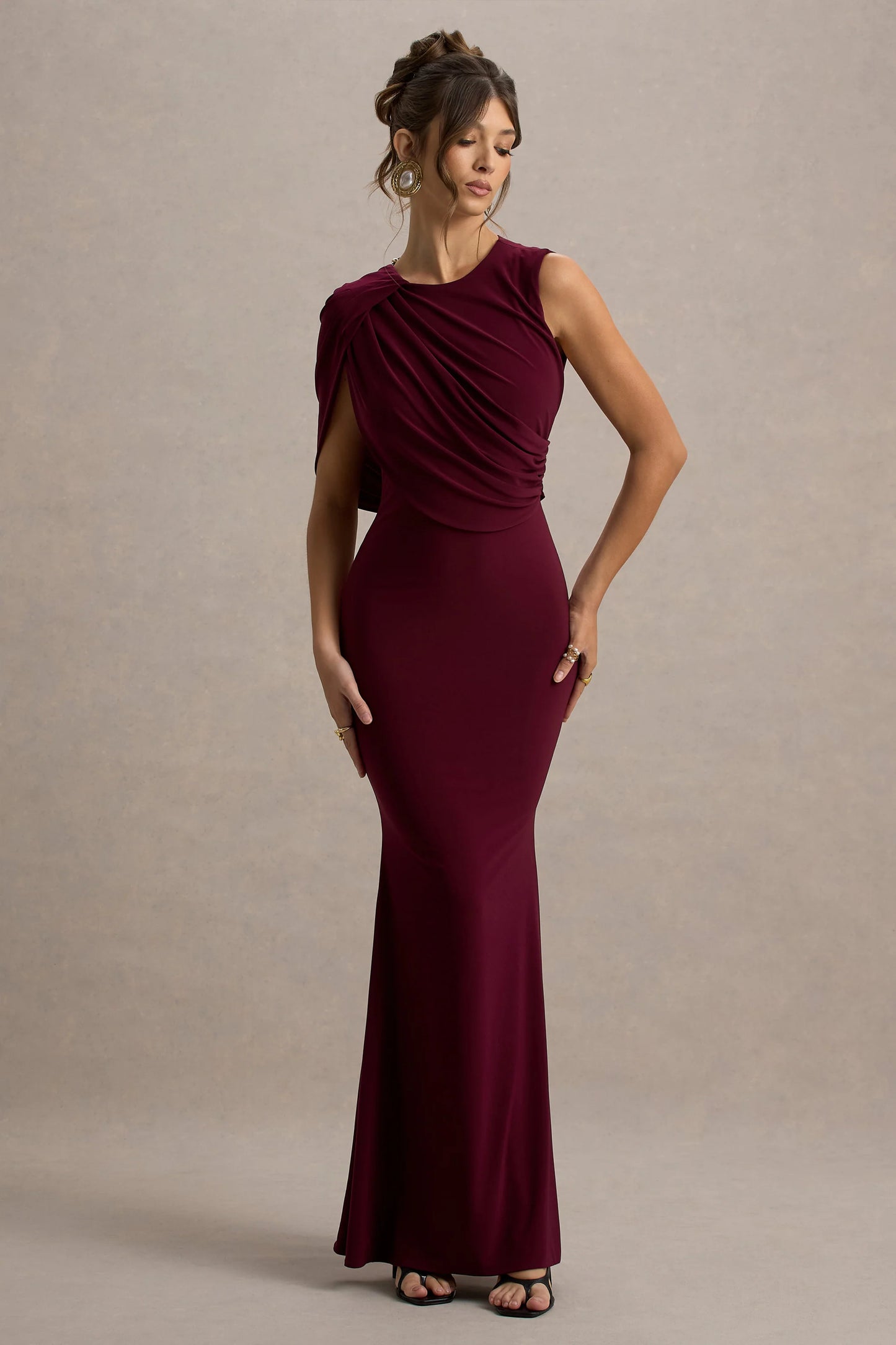 Rae Burgundy Maxi Dress With One-Sleeve Cape