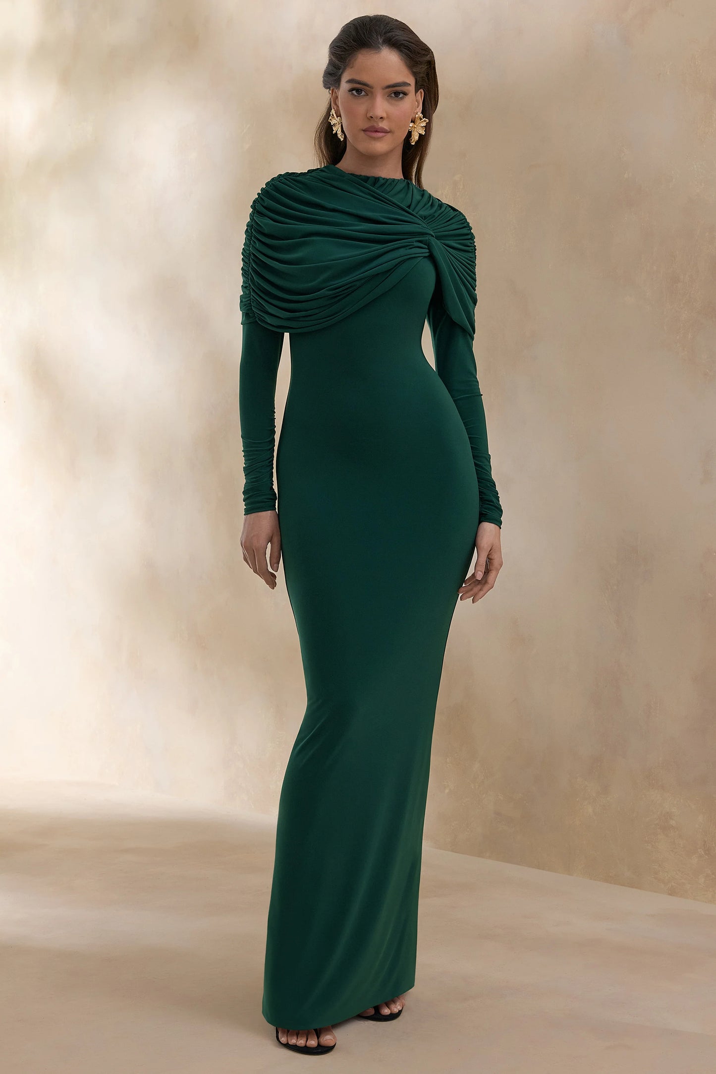 Evessa Dark Green High-Neck Maxi Dress With Gathered-Detailing