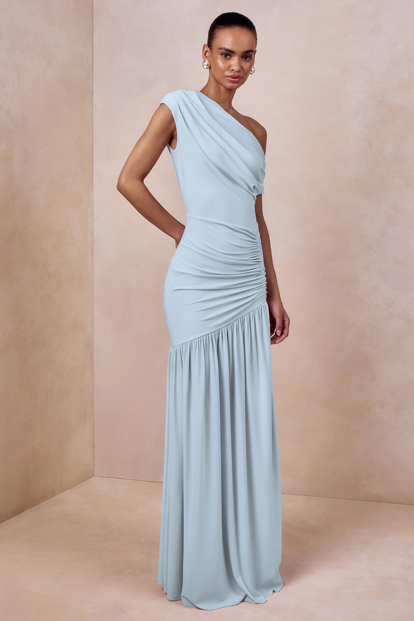 Kady Powder Blue Asymmetric-Neck Maxi Dress With Ruched Detailing