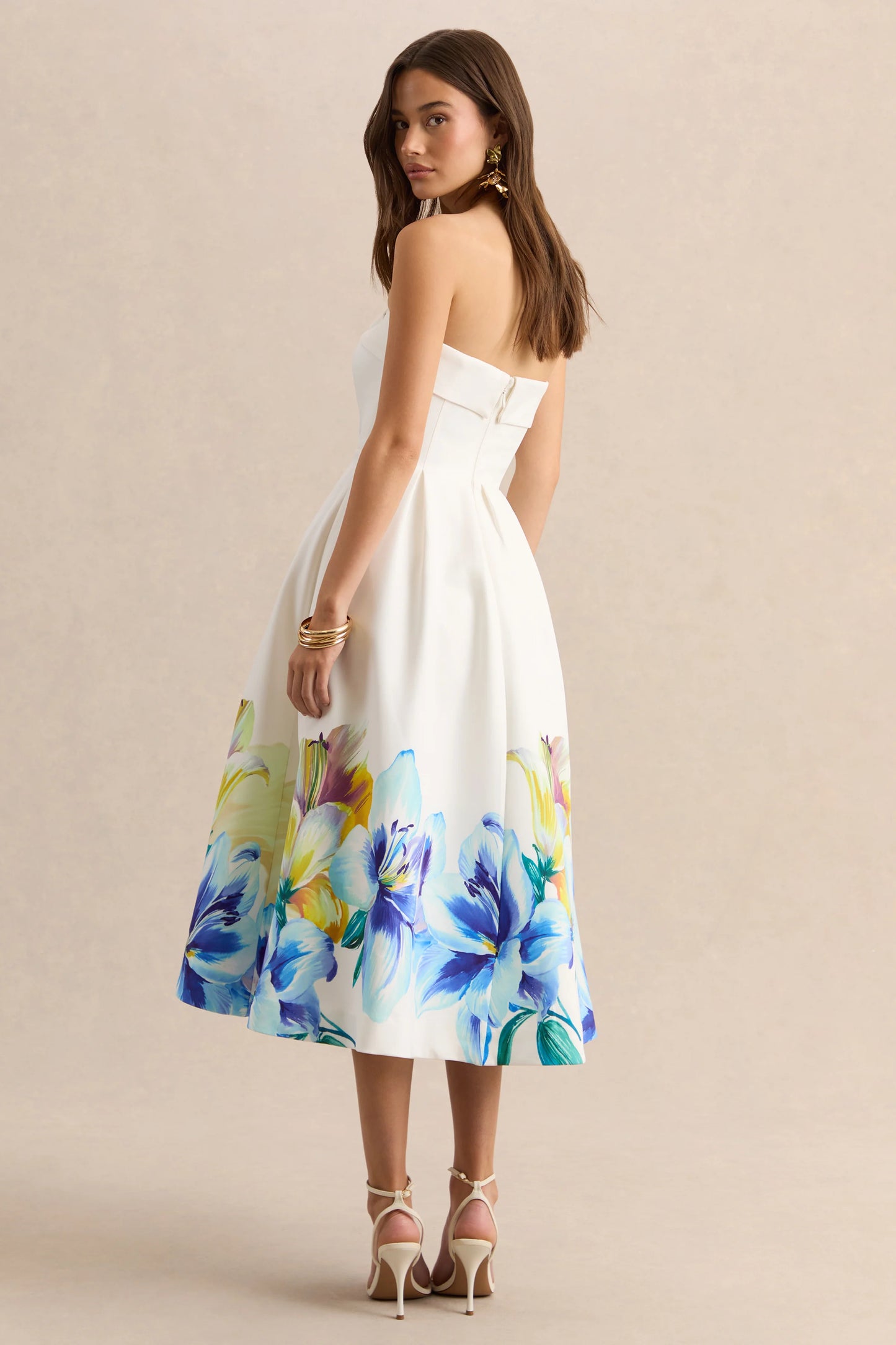 Annalise Blue And Yellow Floral Border Print Bandeau Skater Midi Dress