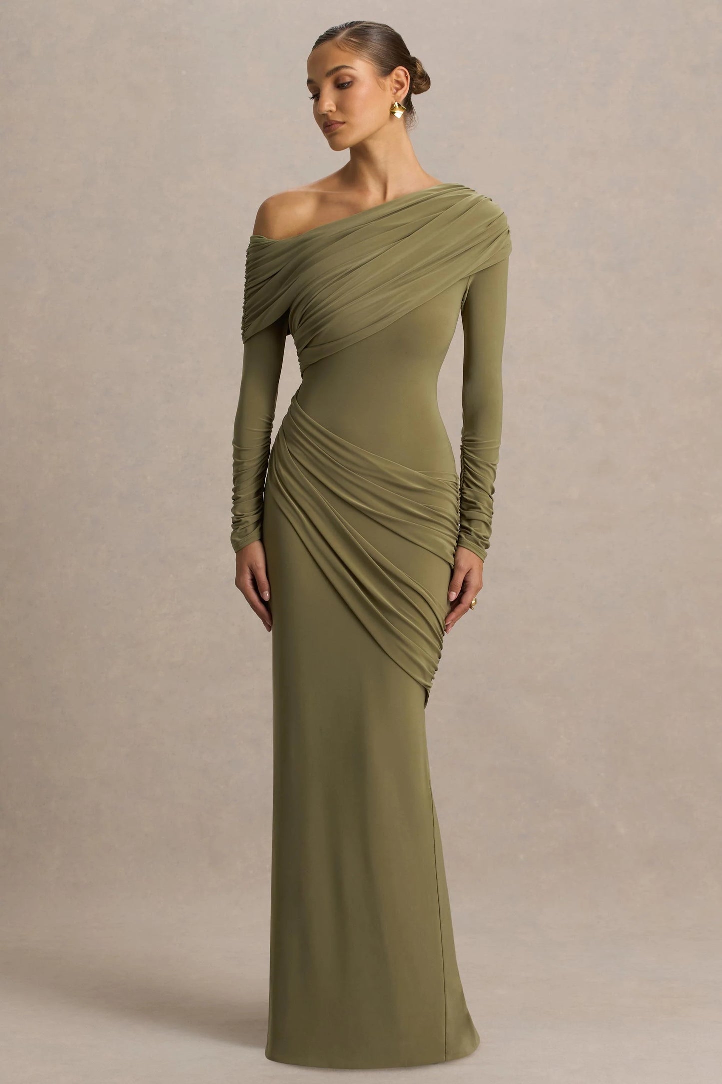 Perrie Olive Asymmetric-Neck Maxi Dress With Ruched Detailing