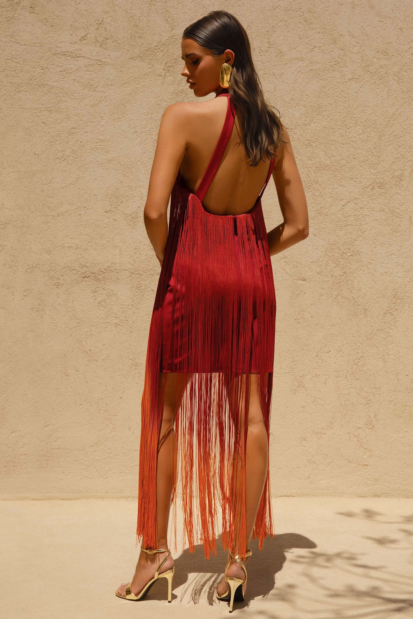 Alessia Orange Ombre Fringe High-Neck Maxi Dress