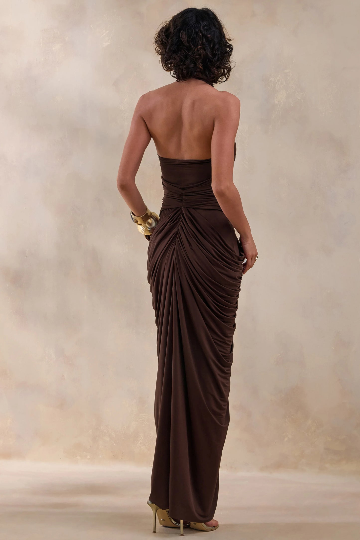 Horizon Brown High-Neck Maxi Dress With Draped Detailing