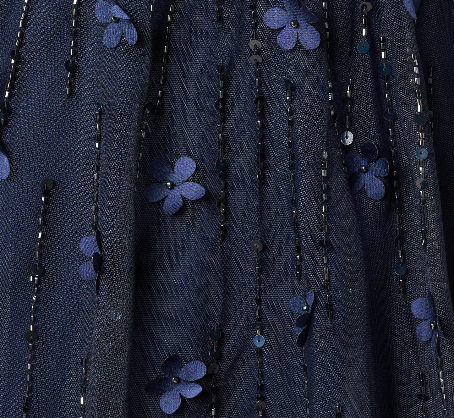 Short Sleeve Linear 3D Floral Beaded Gown In Navy