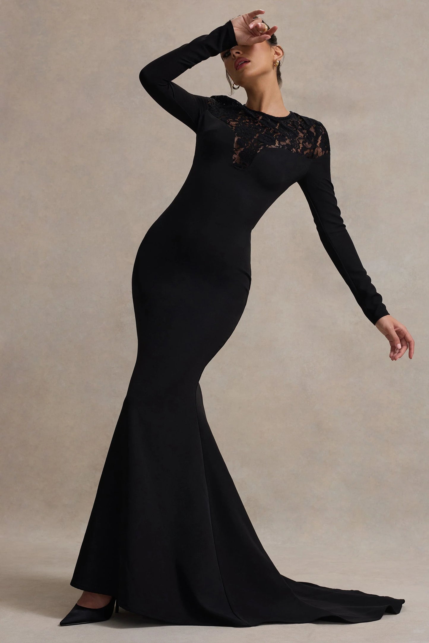 Campbell Black Long-Sleeve Maxi Dress With Lace Detail