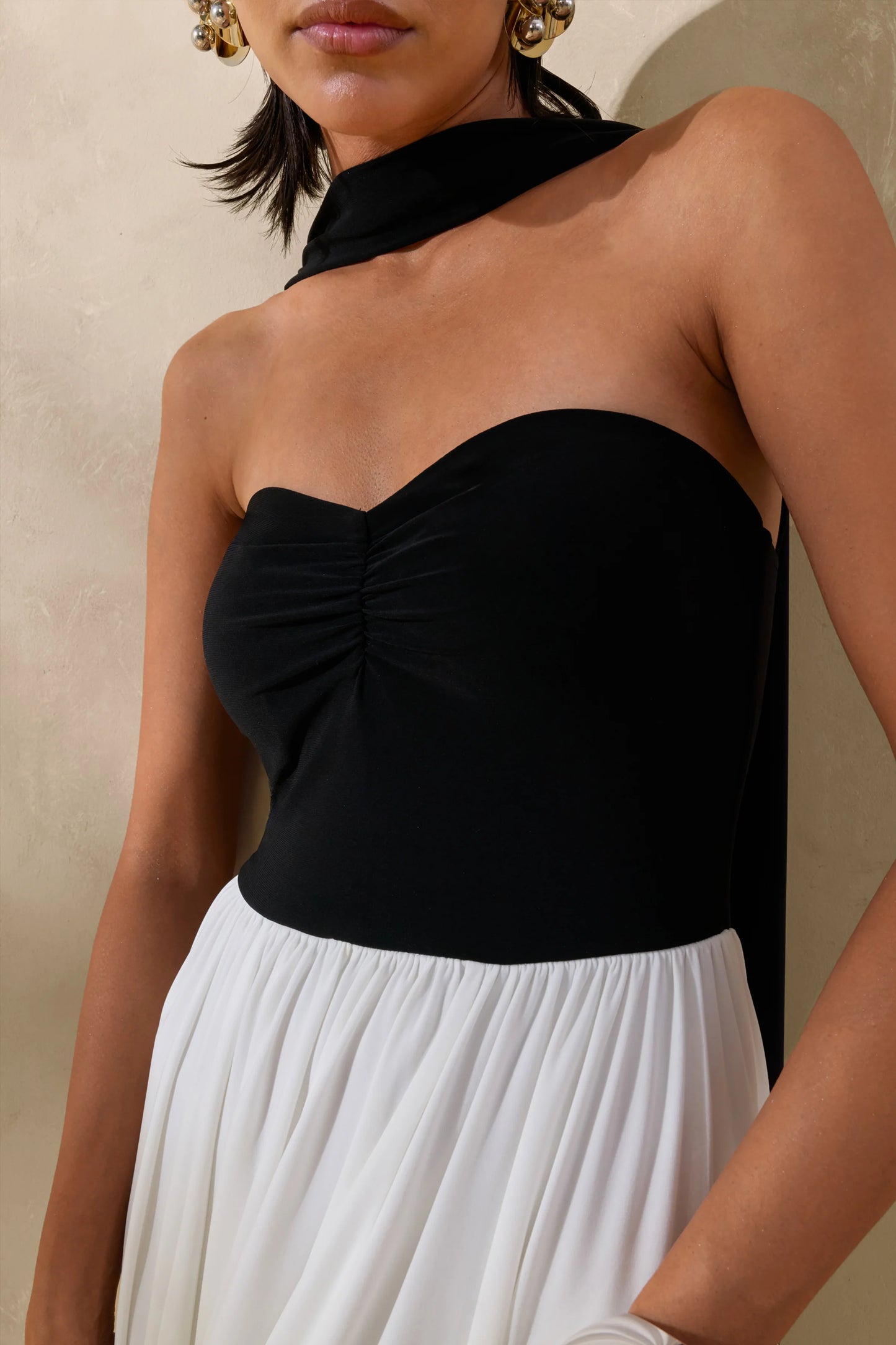 Beamora Black & White Bandeau Maxi Dress With Cape