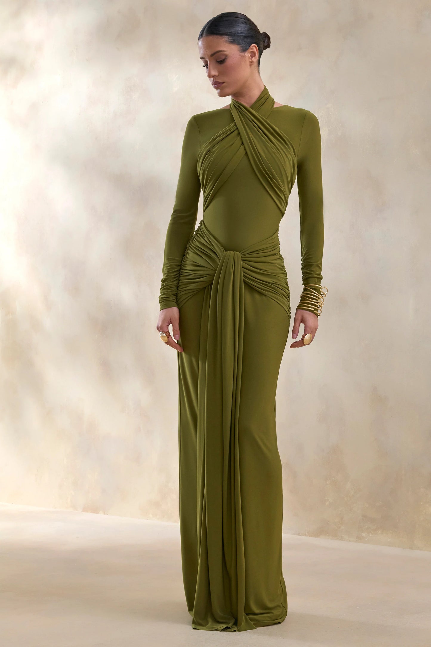 Linessa Olive High-Neck Maxi Dress With Sash And Gathered-Detailing