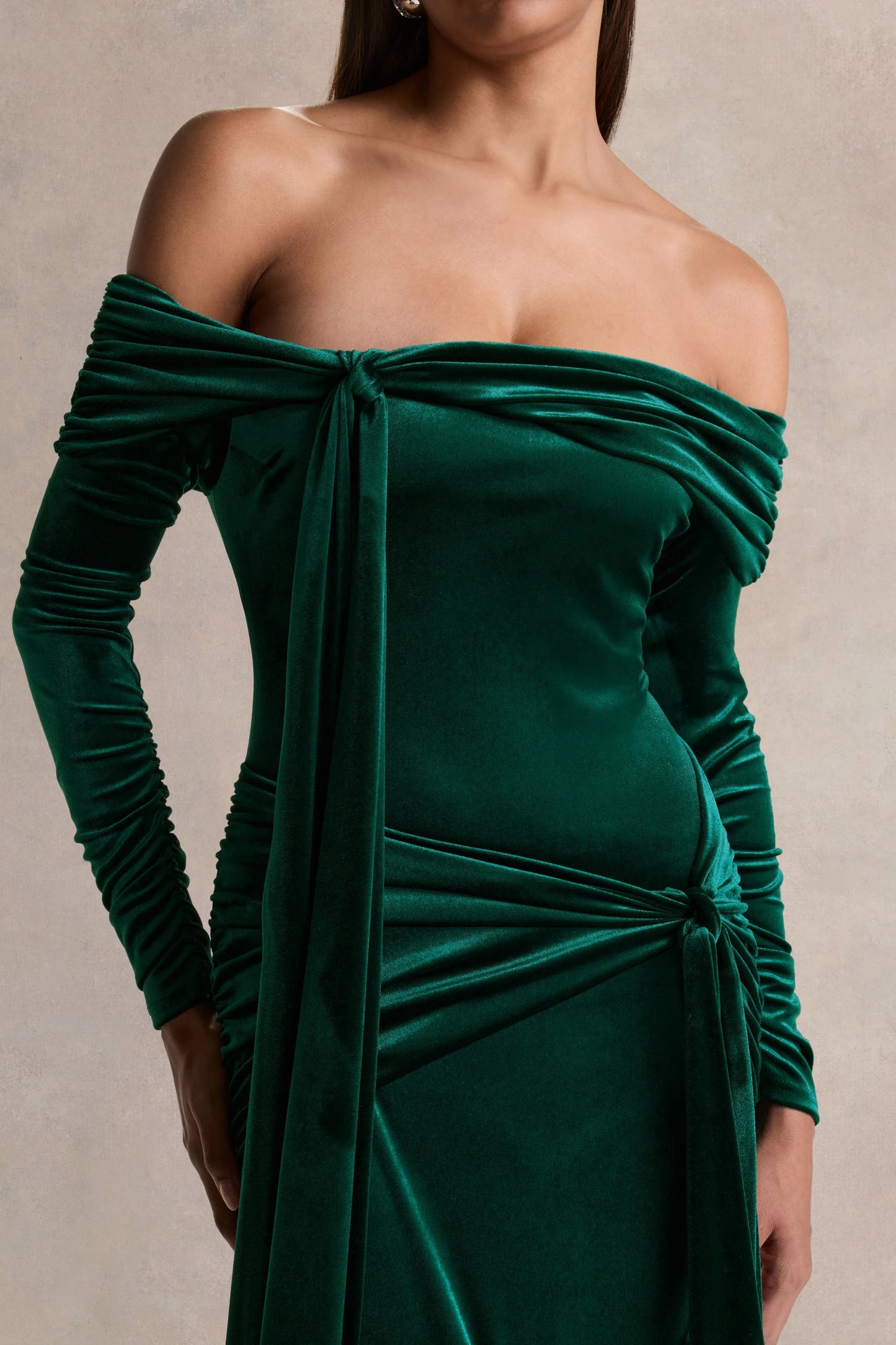 Jessara Bottle Green Bardot-Neck Maxi Dress With Knot-Details