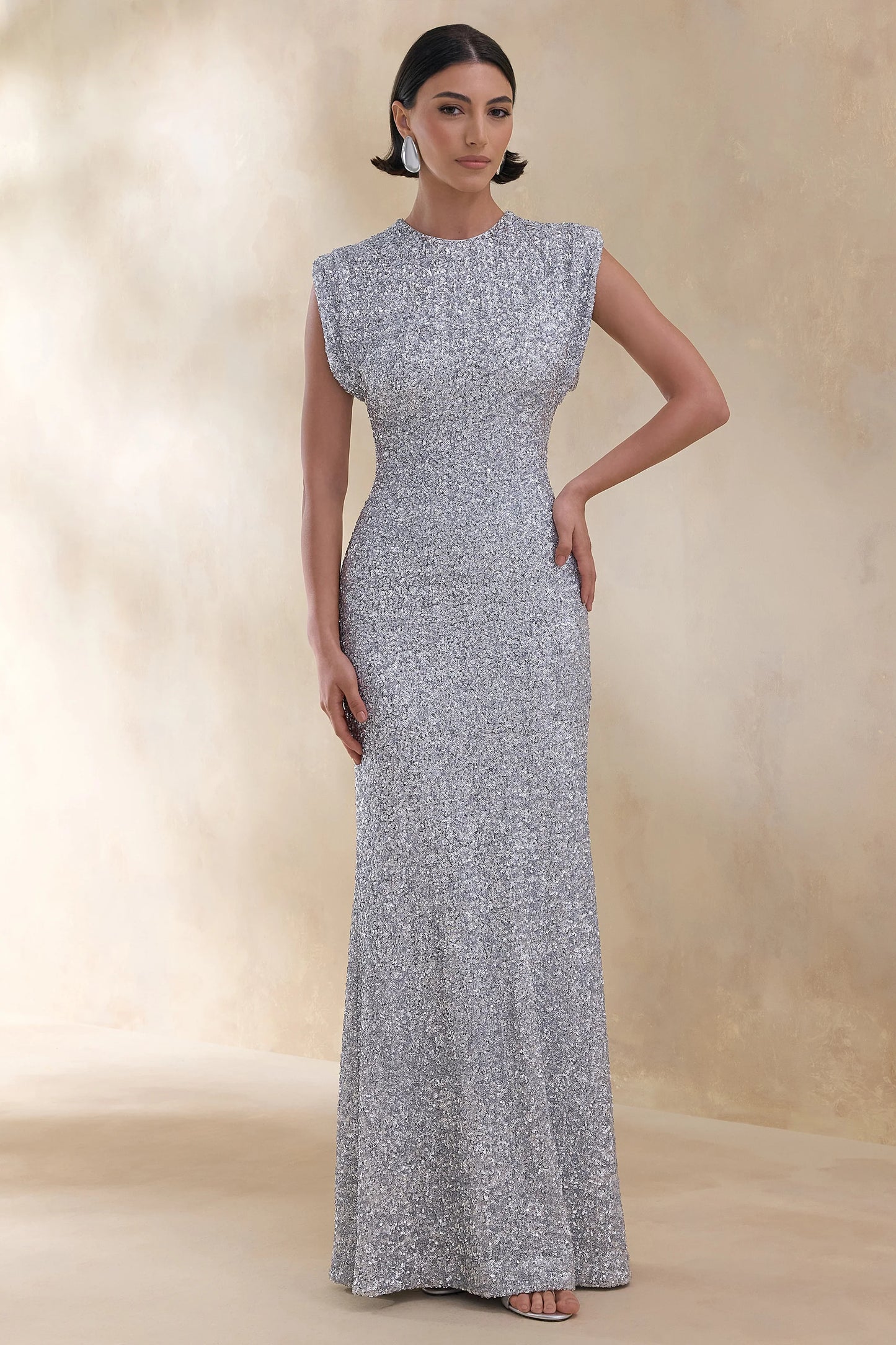 Aurah Silver Sequin Crew-Neck Maxi Dress With Cap Sleeves