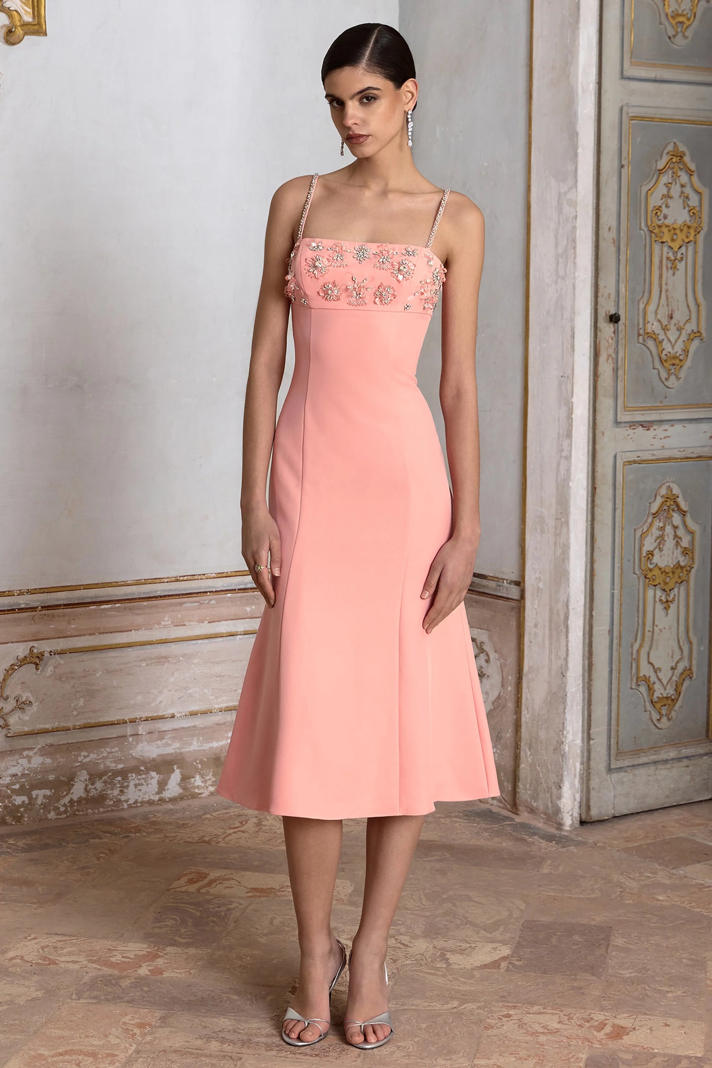 One To Remember Coral Square-Neck Embellished Midi Dress