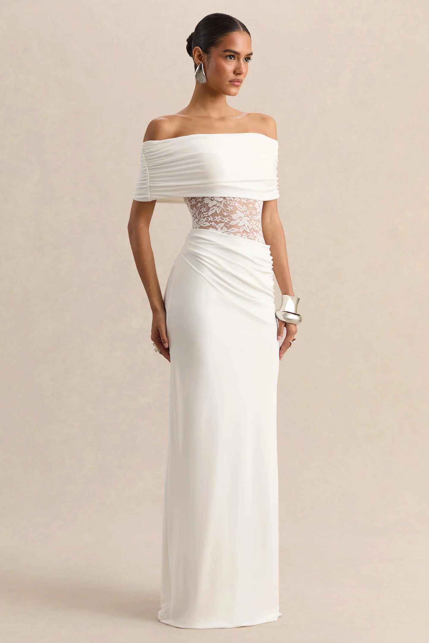 Forsya White Bardot-Neck Maxi Dress With Lace-Detailing