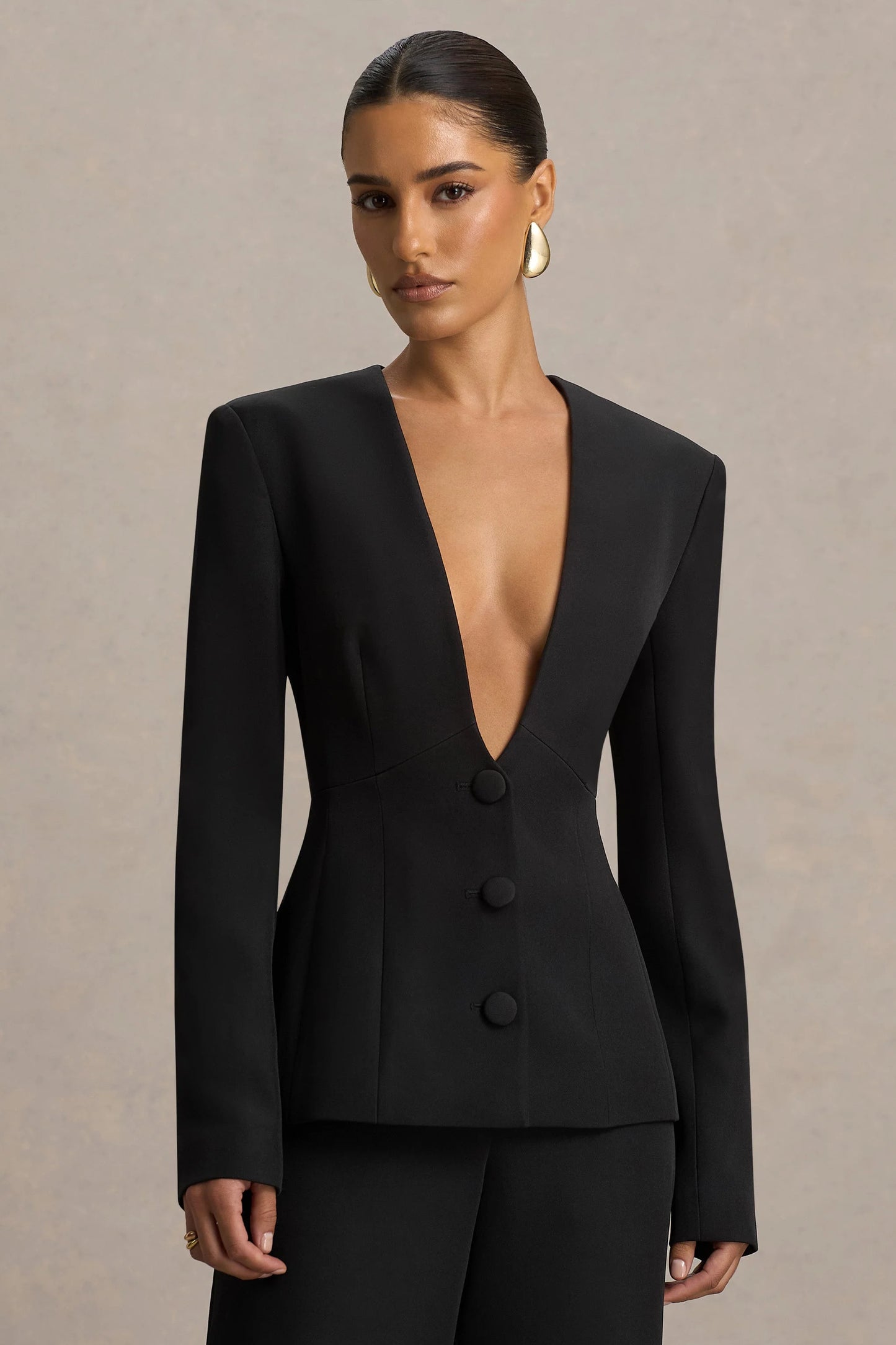 Rosalina Black Extreme-Plunge Neck Tailored Blazer