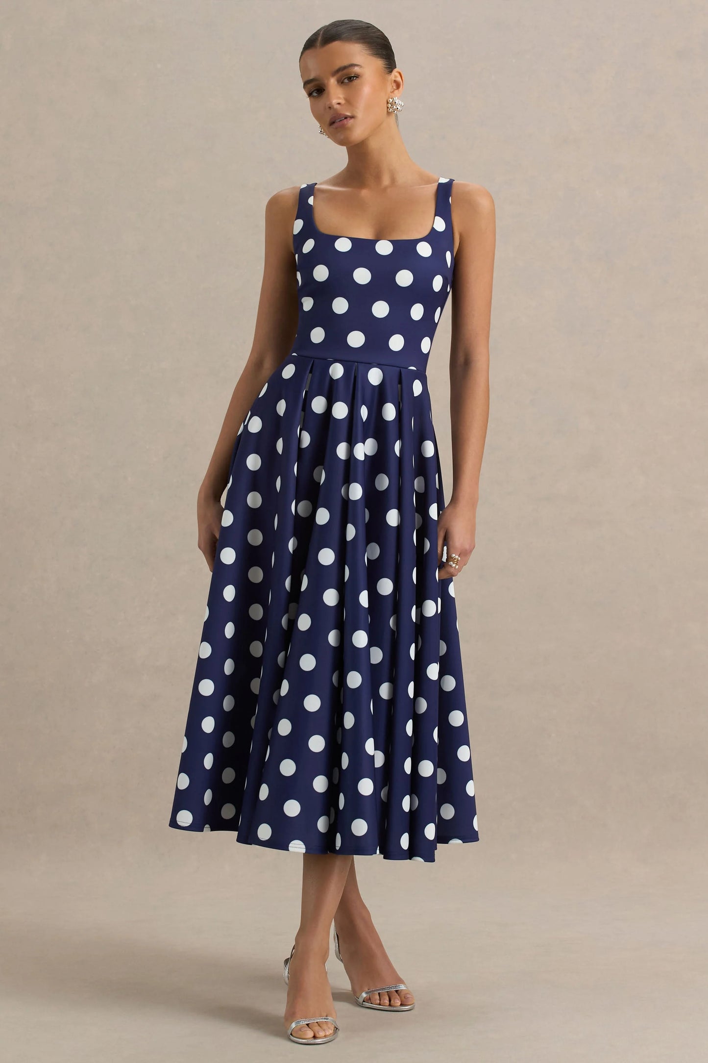 Berta Navy And White Polka-Dot Square-Neck Midi Dress