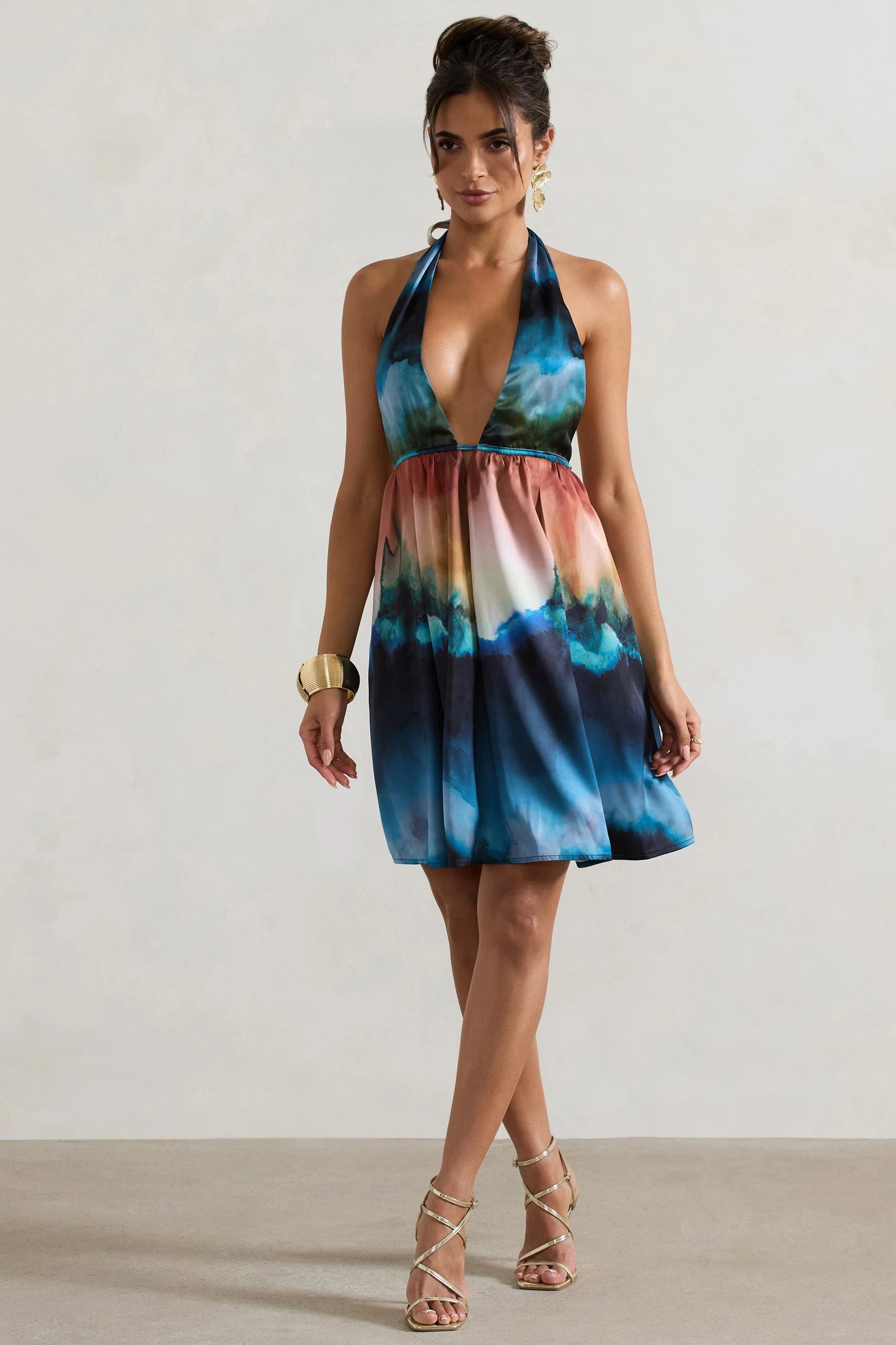 Naxos Multi Blur Print Plunge-Neck Babydoll Mini Dress