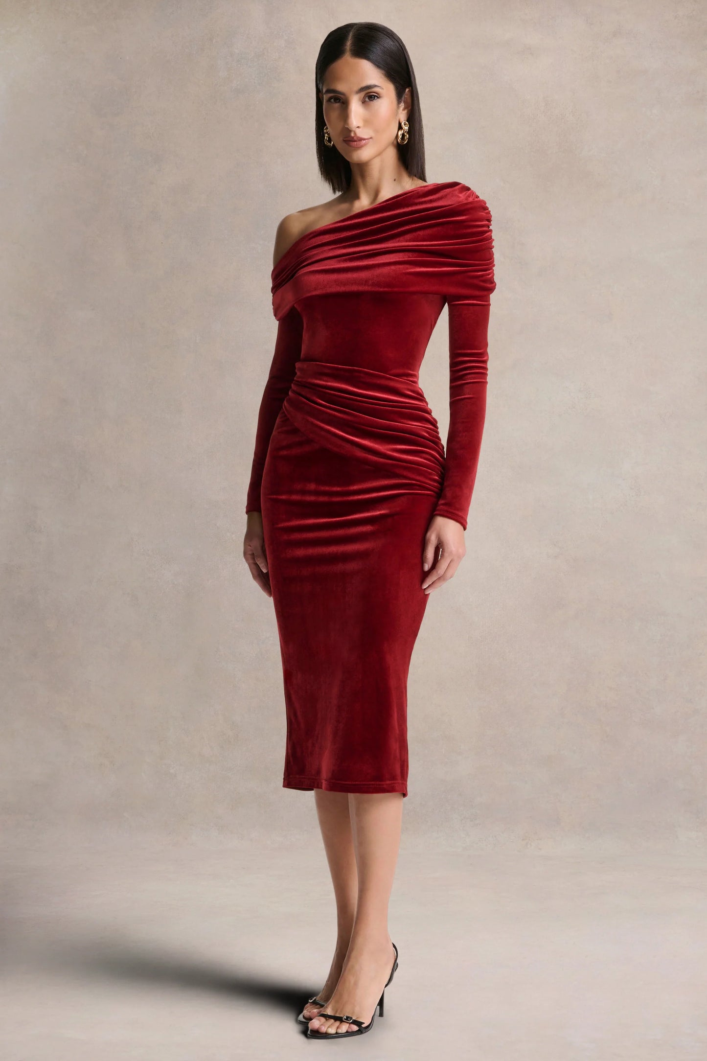 Eirene Red Velvet Asymmetric-Neck Midi Dress