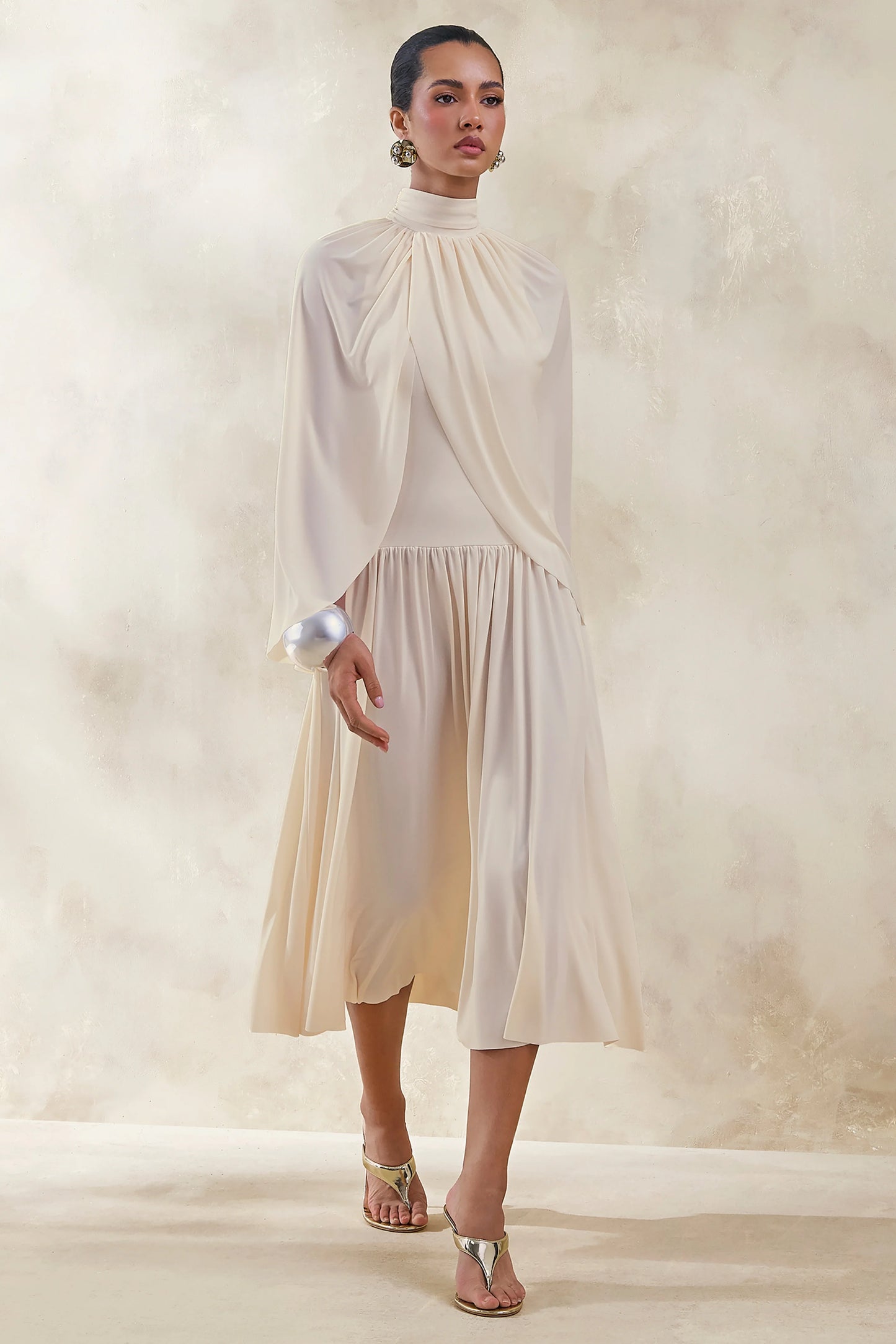 Honora Cream High-Neck Midi Dress With Cape-Sleeves