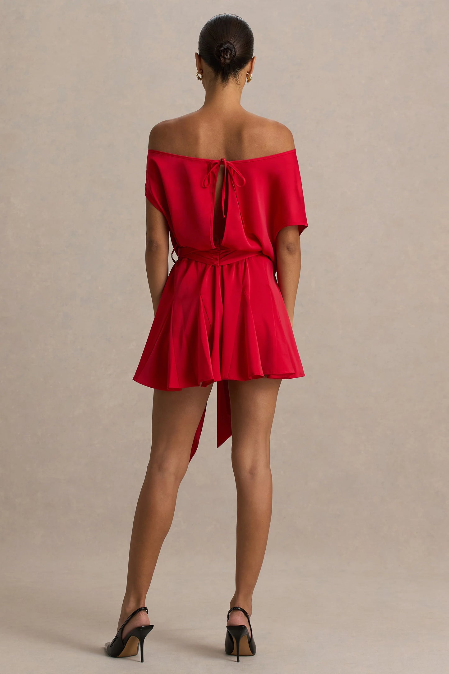 Clydie Red Satin Asymmetric Playsuit With Tie-Waist