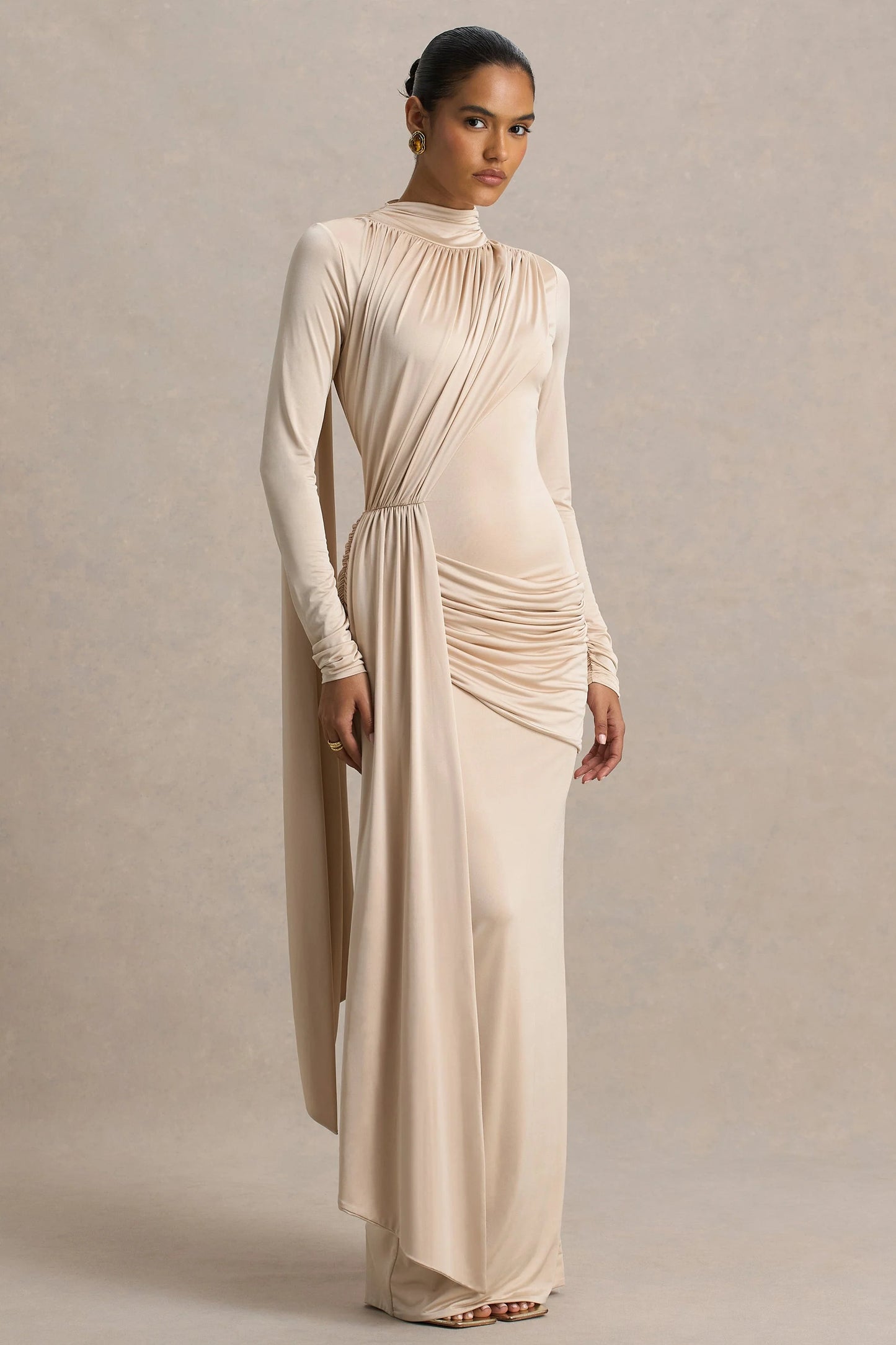 Romi Champagne High-Neck Maxi Dress With Ruched Detailing