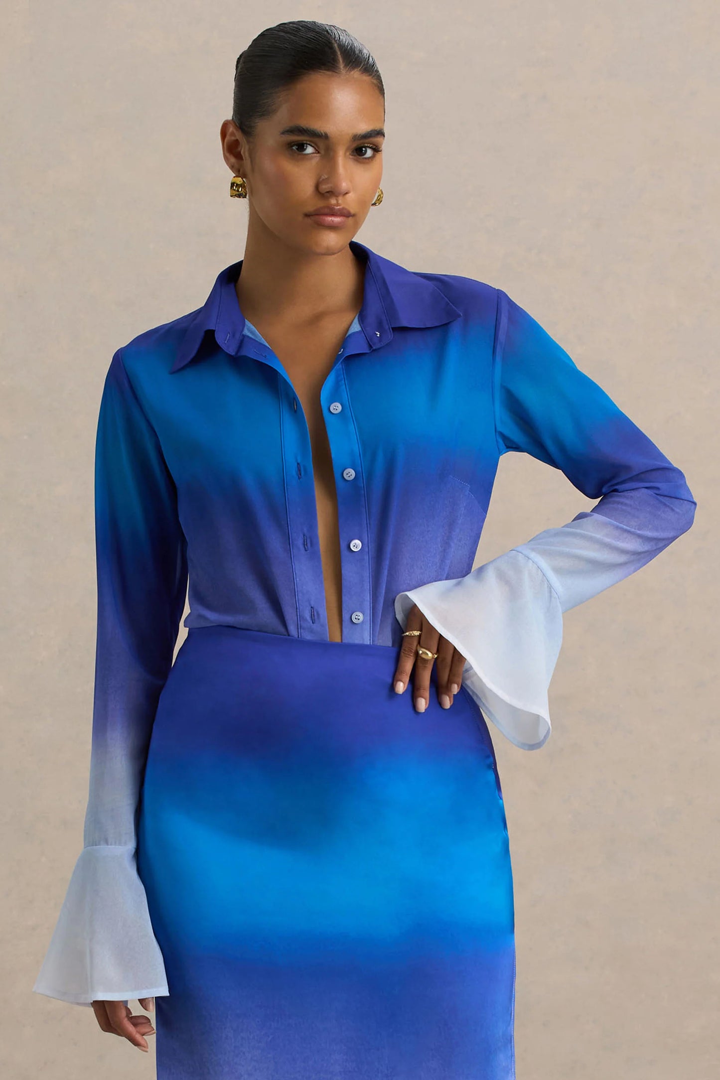 Tahiti Blue Ombre Flared-Sleeve Shirt