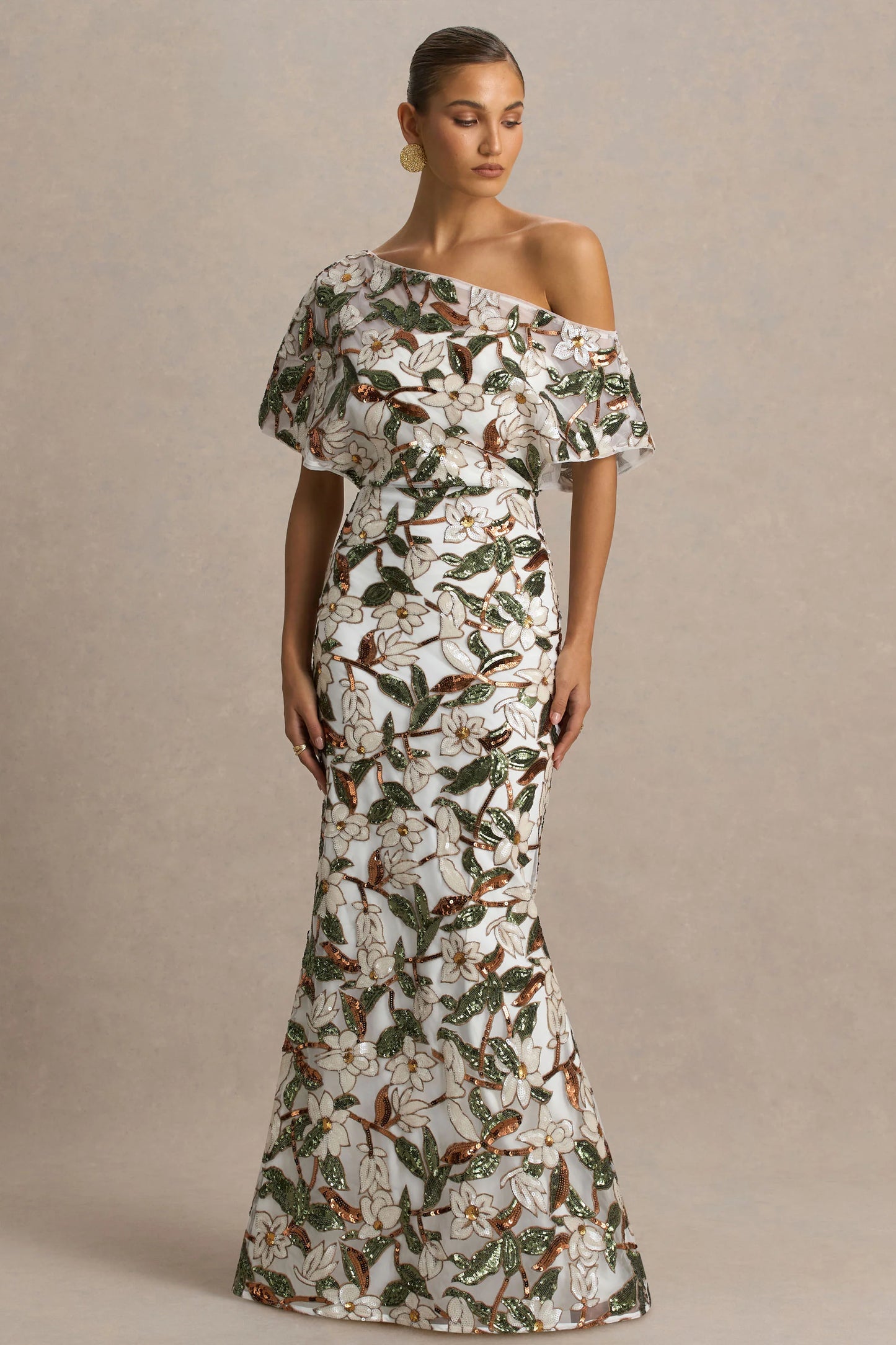 Iony White And Green Embellished Sequin Floral And Mesh Asymmetric-Neck Maxi Dress