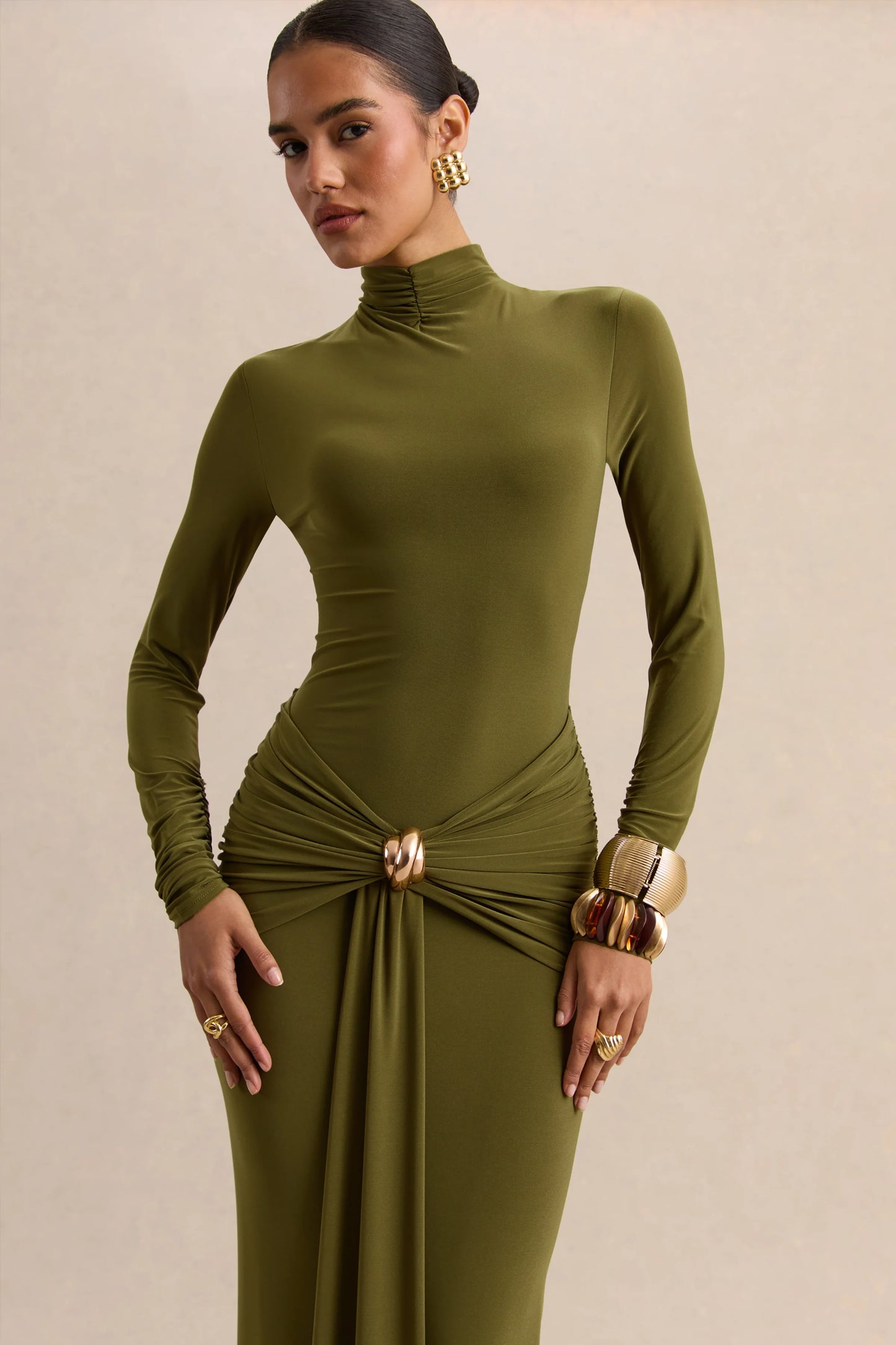Ambrette Olive High-Neck Maxi Dress With Gathered-Detailing