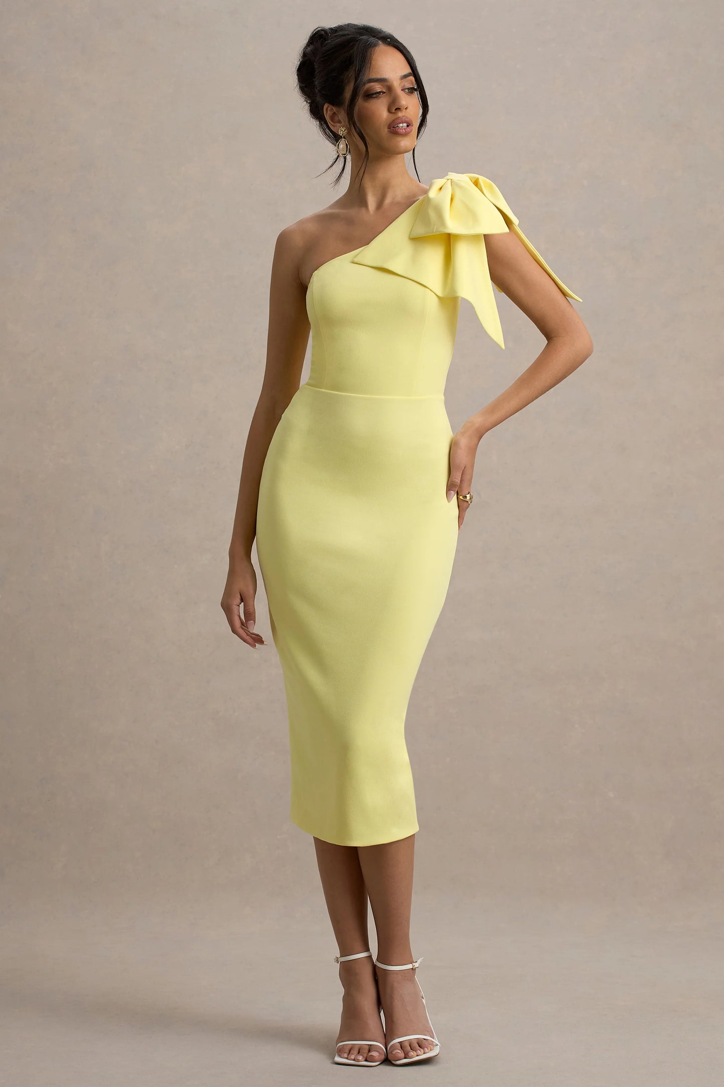 Ambretta Lemon One-Shoulder Midi Dress With Bow