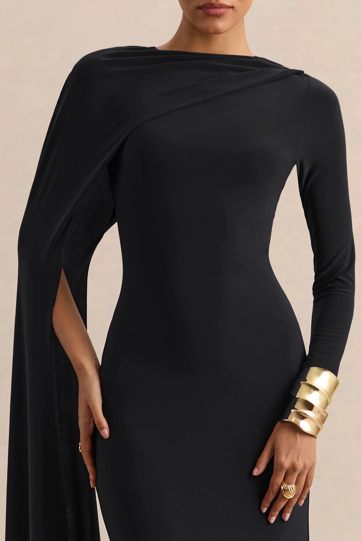 Halina Black High-Neck Maxi Dress With Cape-Sleeve