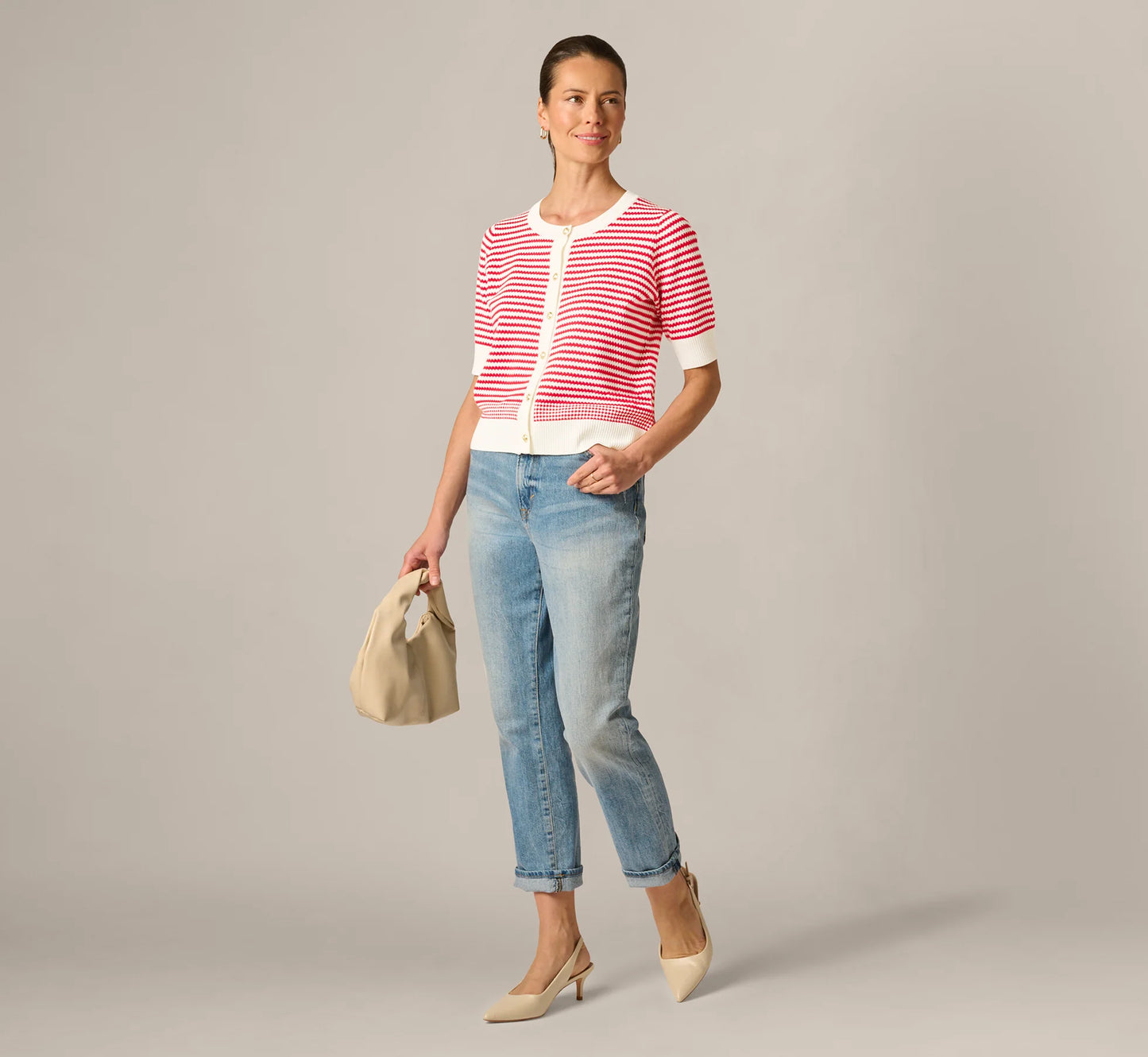 Short Sleeve Metallic Button Cardigan Sweater In Ivory Red