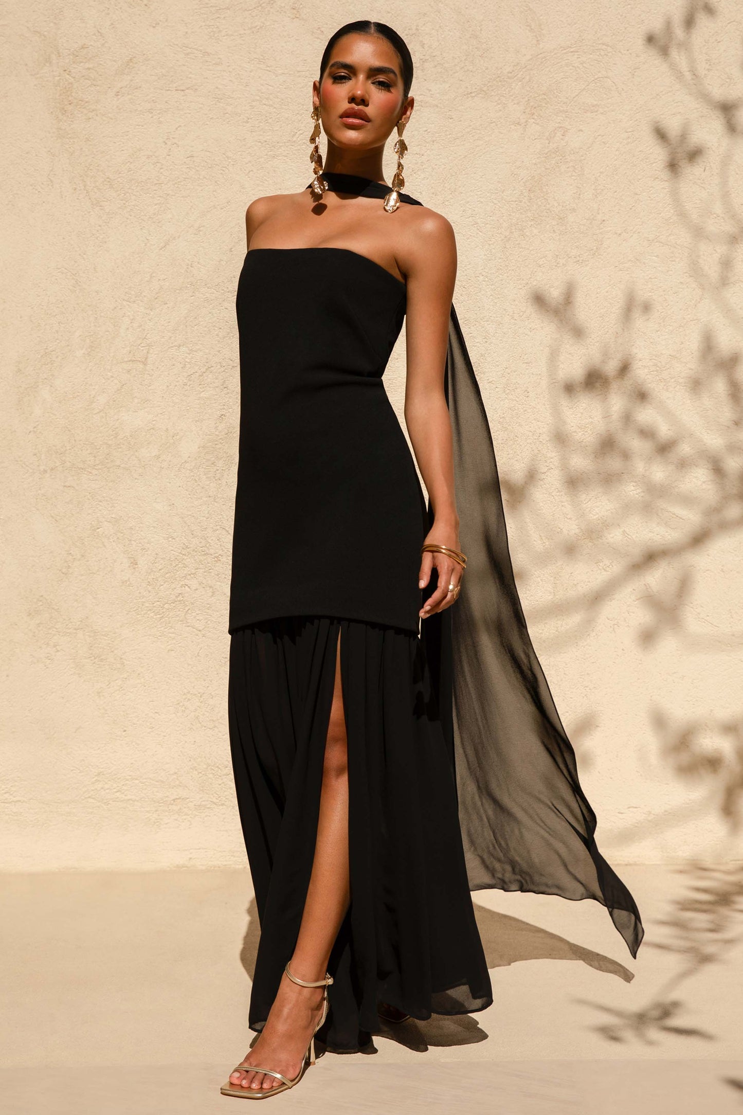 Kylie Black High-Neck Maxi Dress With Chiffon Skirt