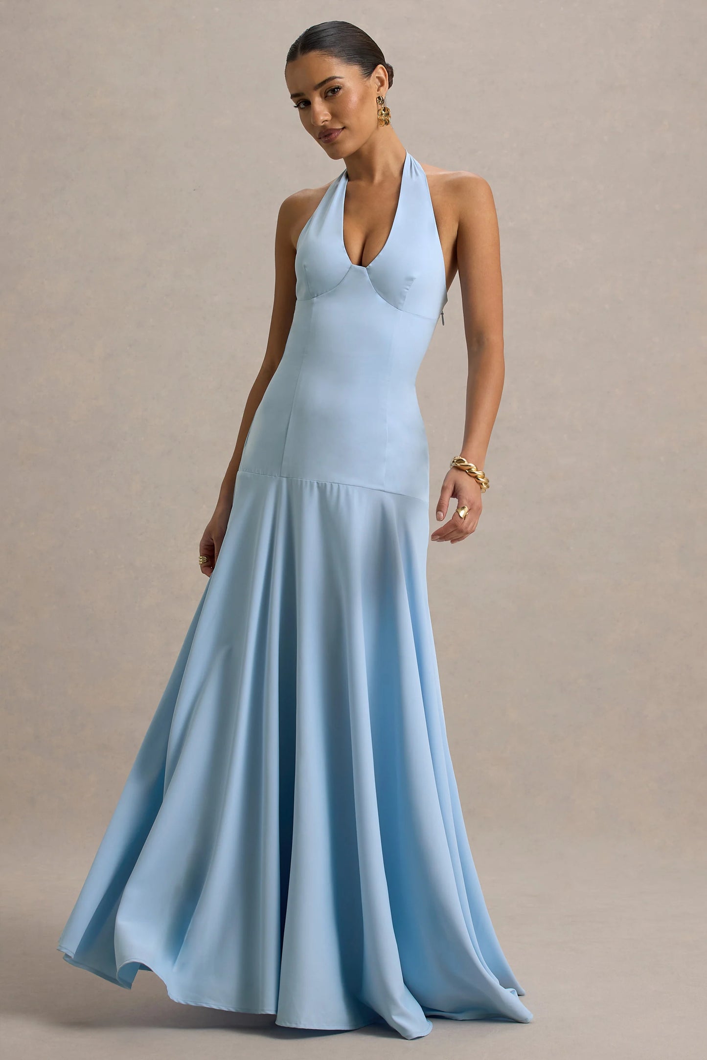 Ginevra Powder Blue Halter-Neck Slip Maxi Dress