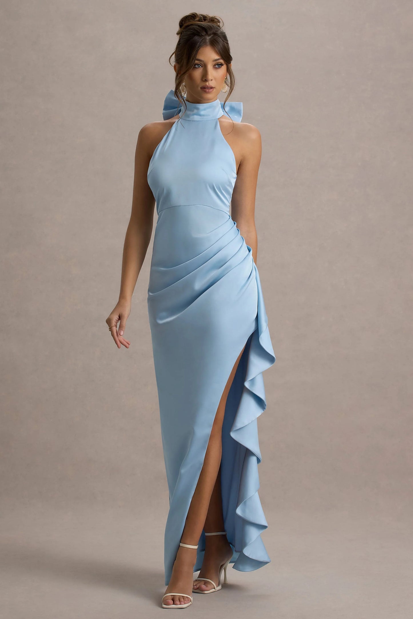 Maureen Powder Blue Satin High-Neck Draped Maxi Dress