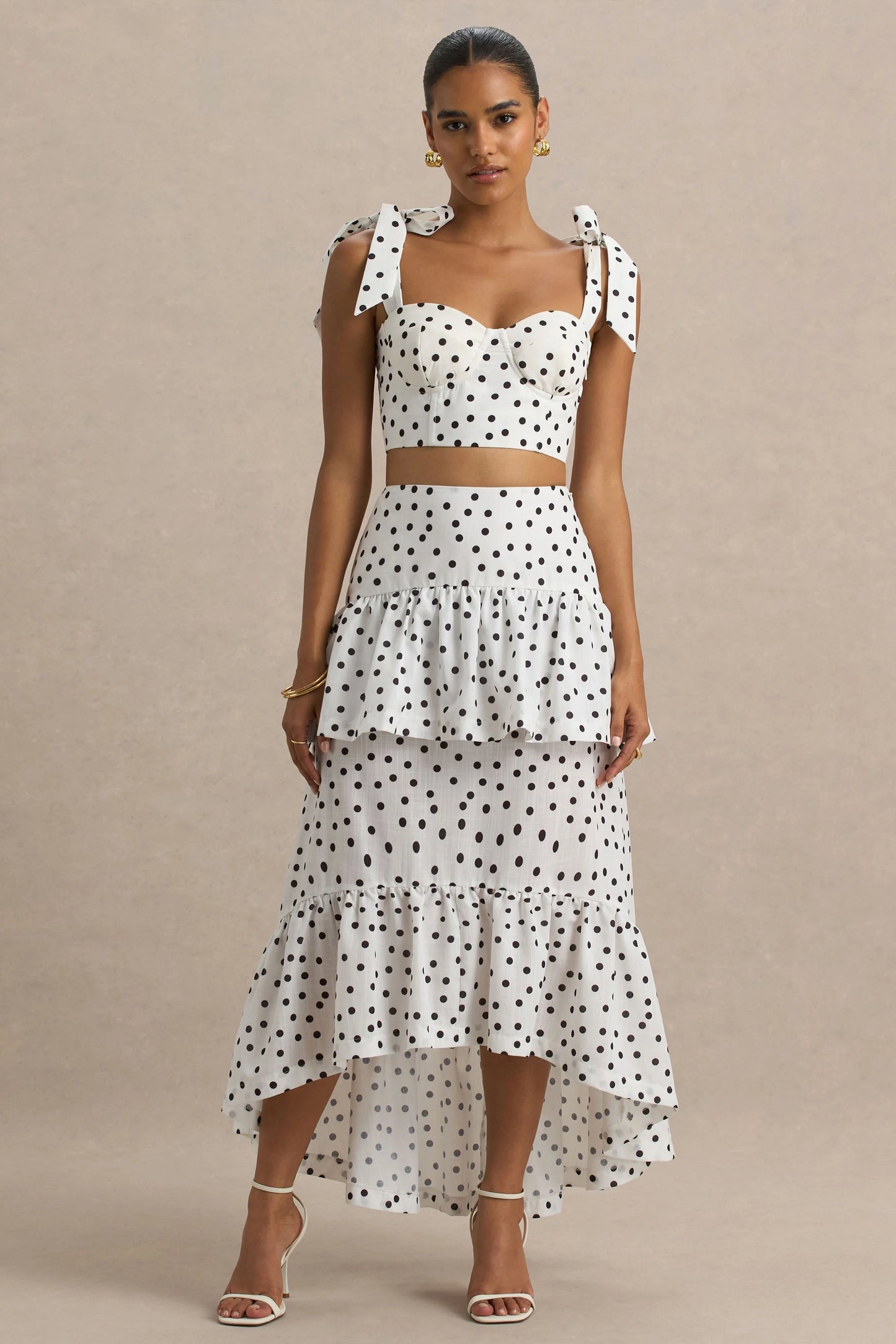 Emry White Polka Dot High-Waist Maxi Skirt With Ruffle Detail