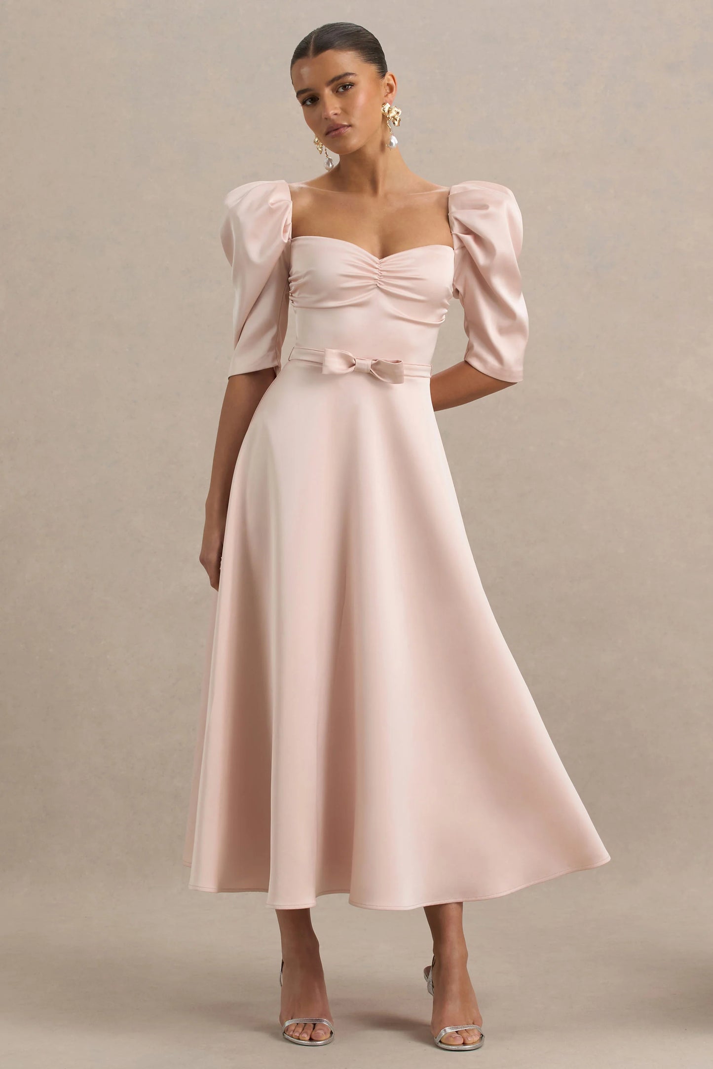 Rosey Pale Pink Satin Sweetheart Midi Dress