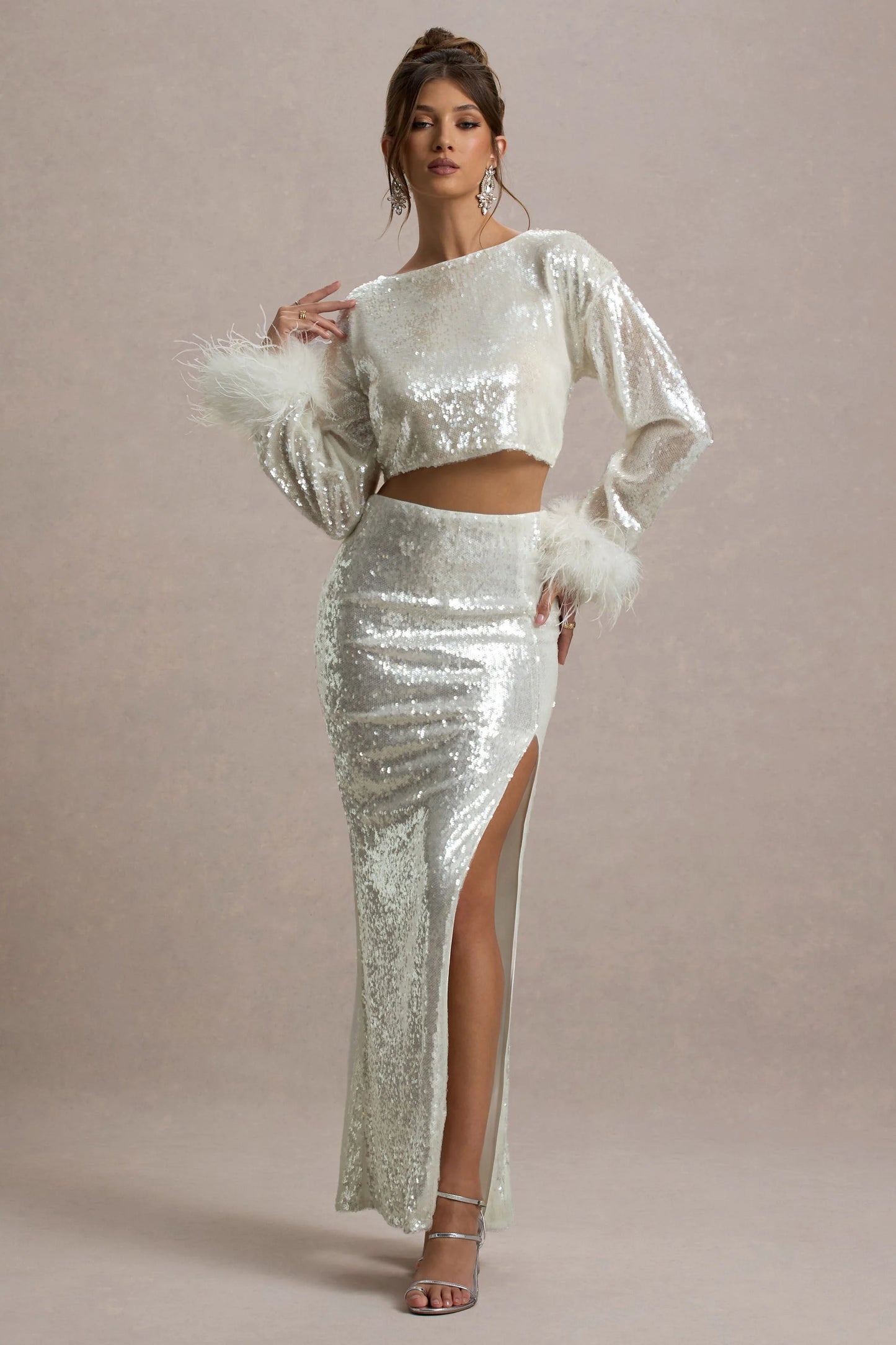 Solita Sand Sequin Long-Sleeve Crop Top With Feather Trim