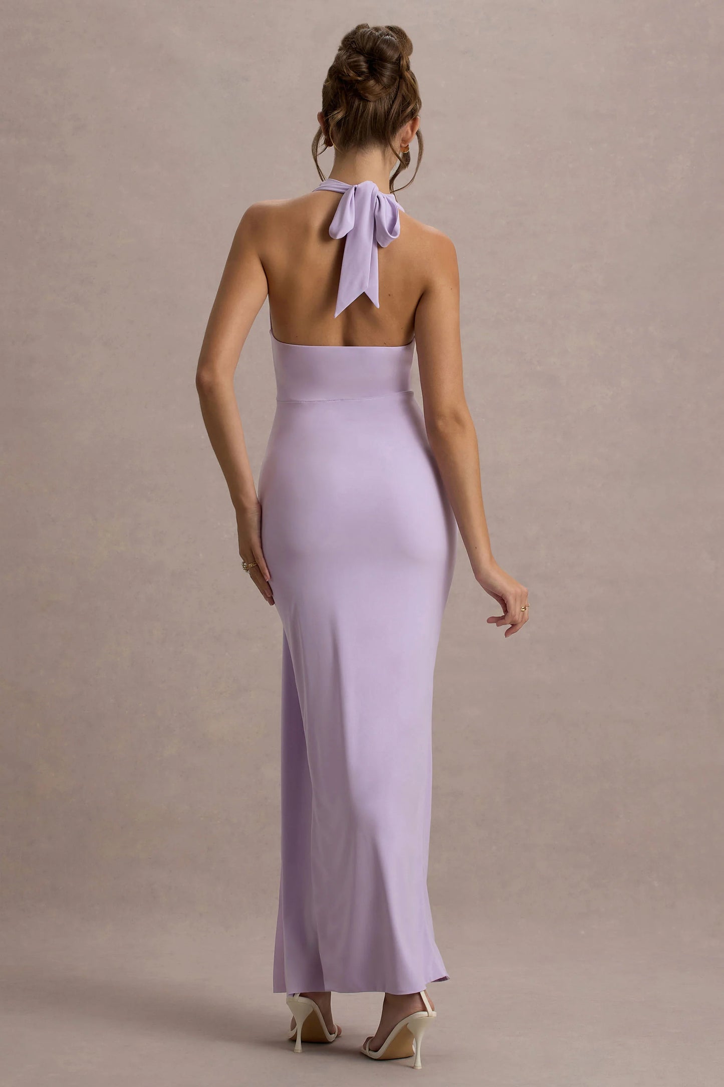 Sunflower Lilac Ruched High-Neck Split Maxi Dress