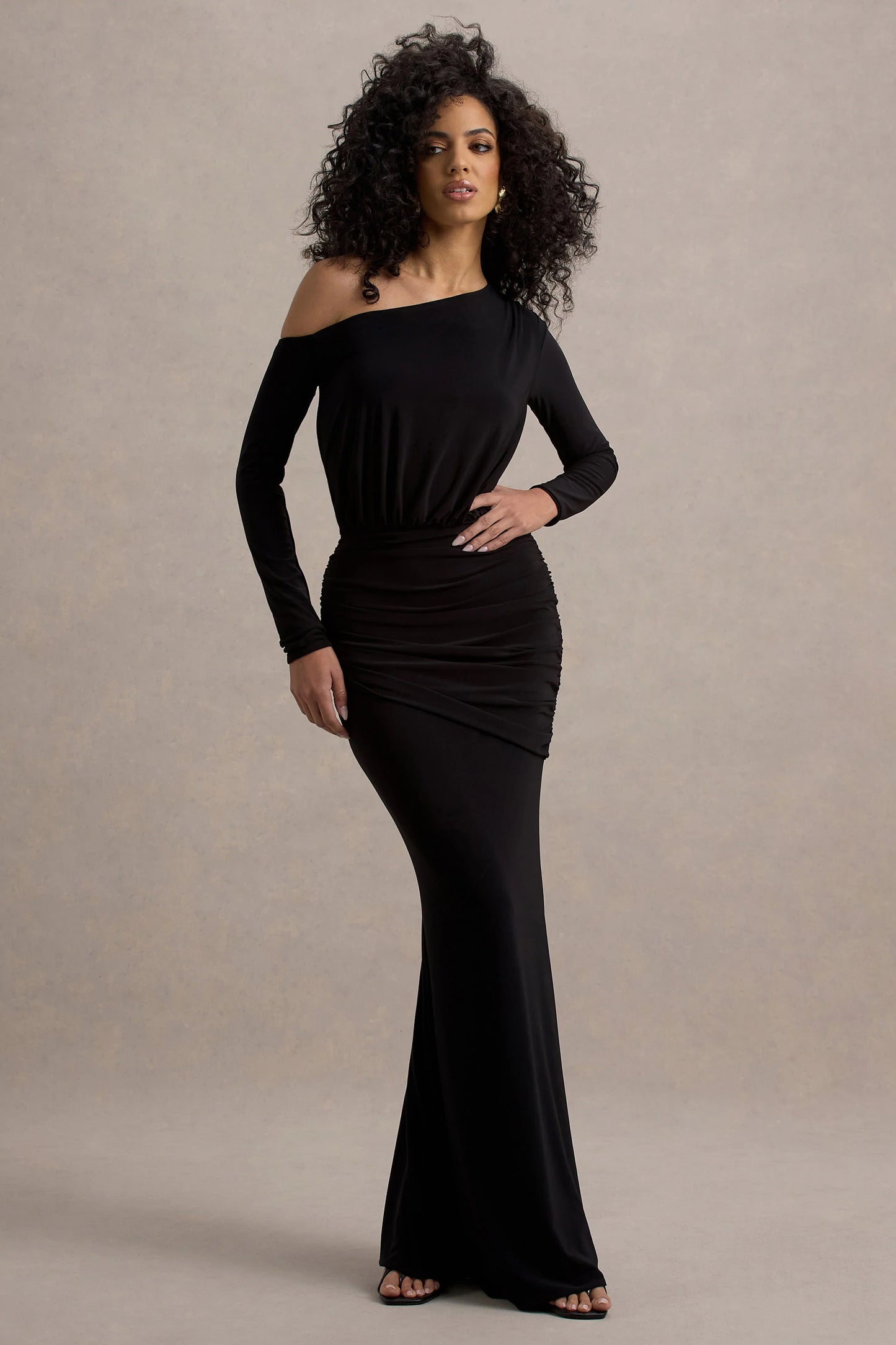 Deanna Black Asymmetric Long-Sleeve Ruched Maxi Dress