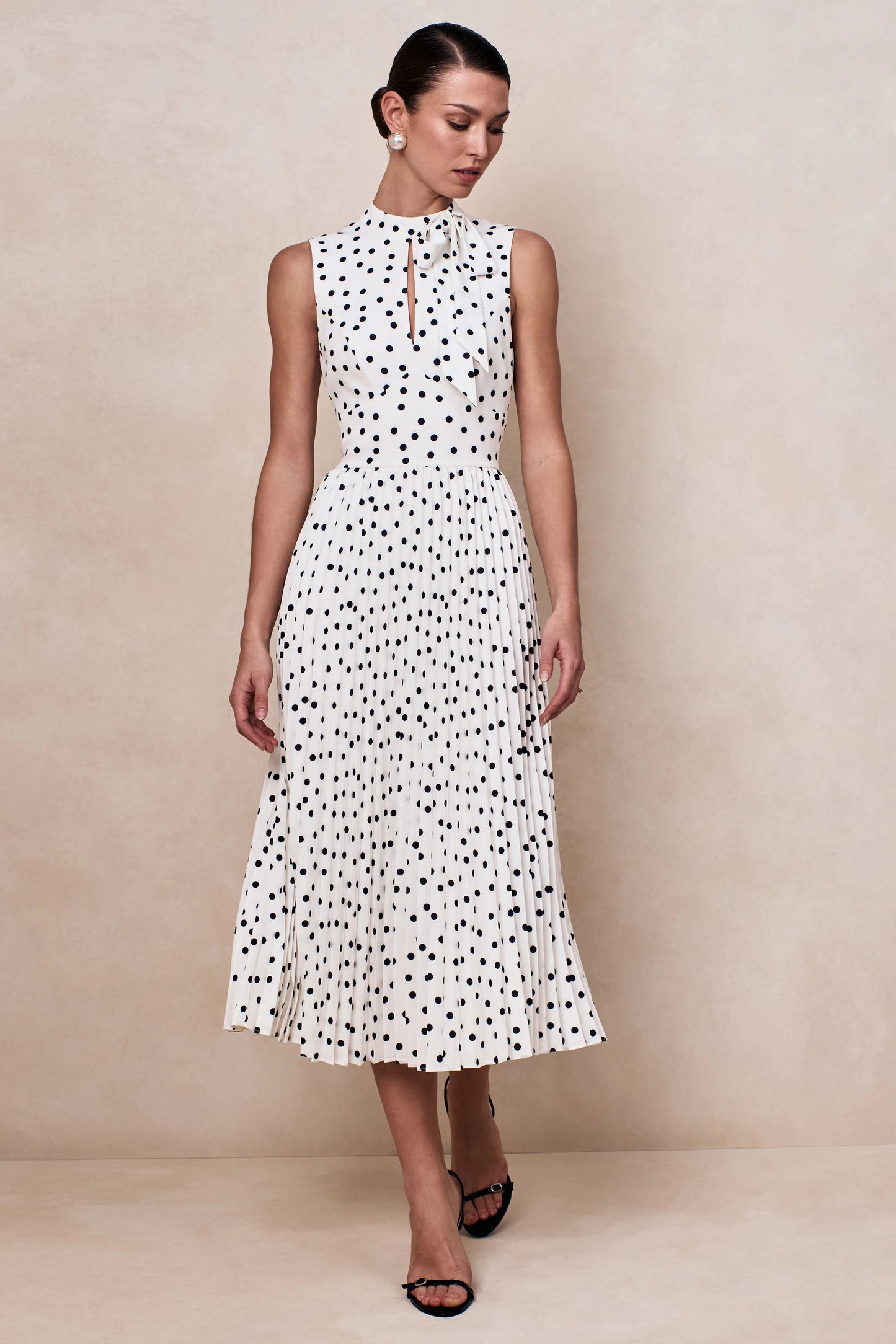 Avalon White Polka Dot Scarf-Neck Midi Dress With Pleated Skirt