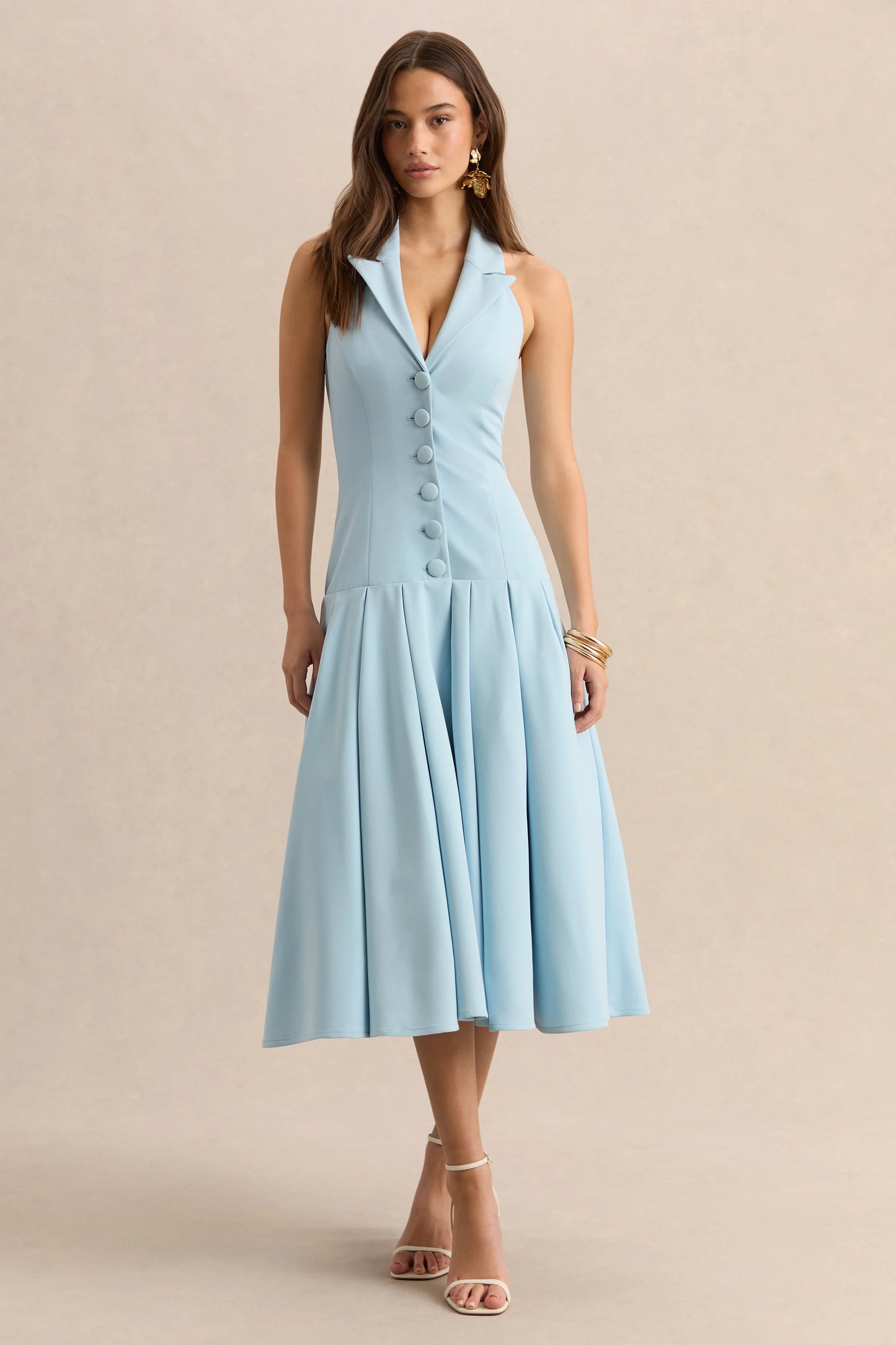 Elise Powder Blue Plunge-Neck Midi Dress With Drop-Waist