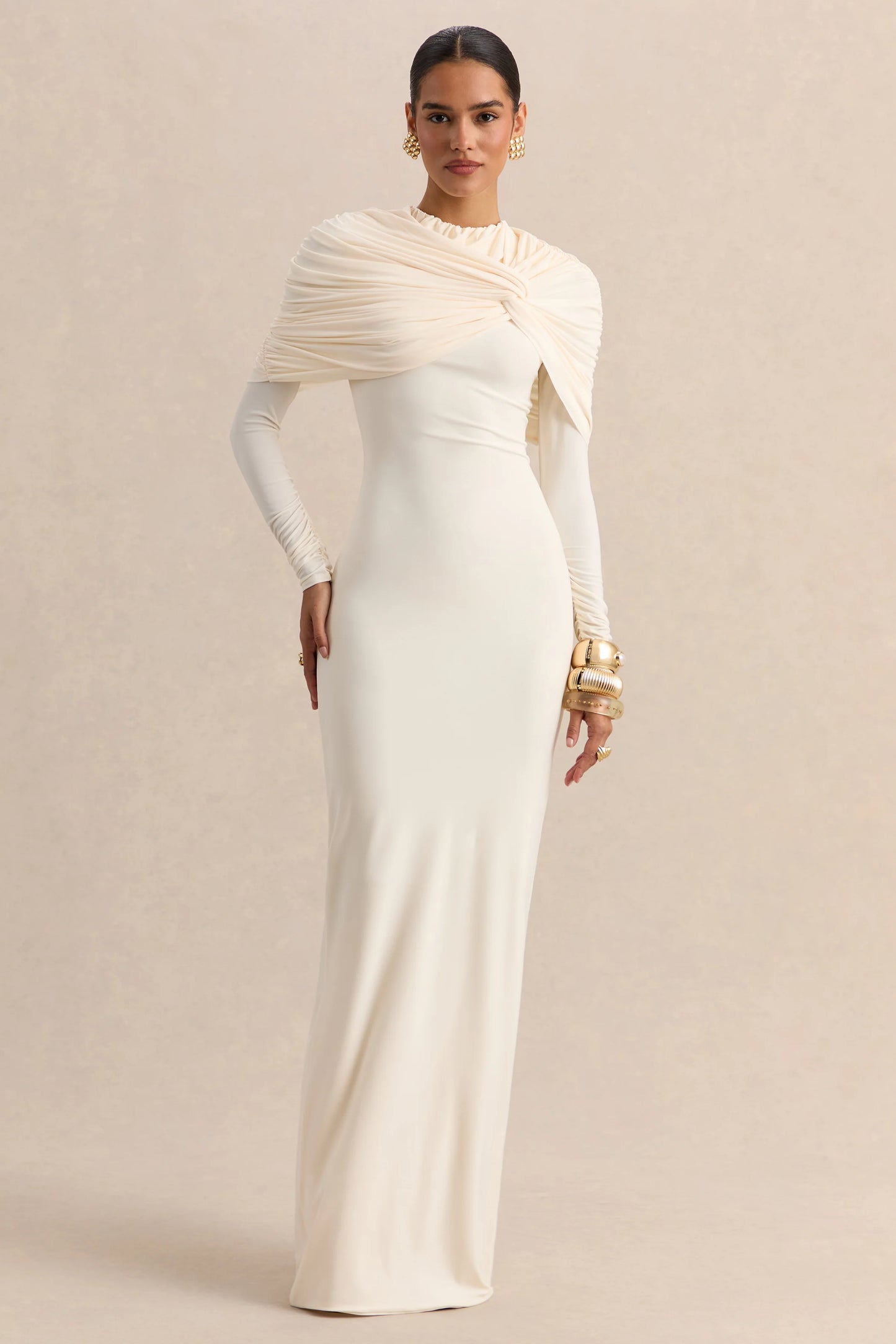 Evessa Cream Crew-Neck Maxi Dress With Gathered-Detailing
