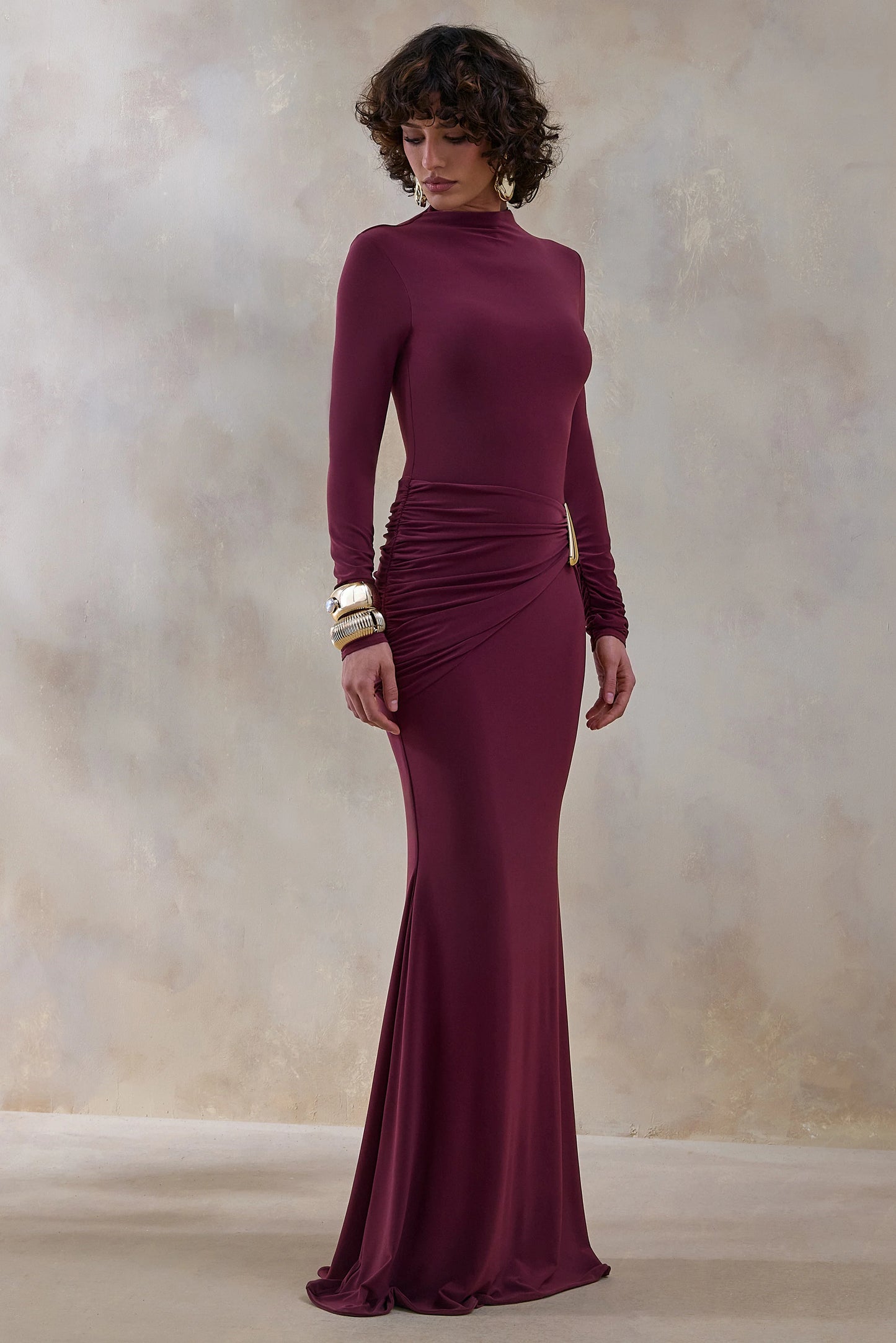 Solarium Burgundy Long-Sleeve Maxi Dress With Gold Detail