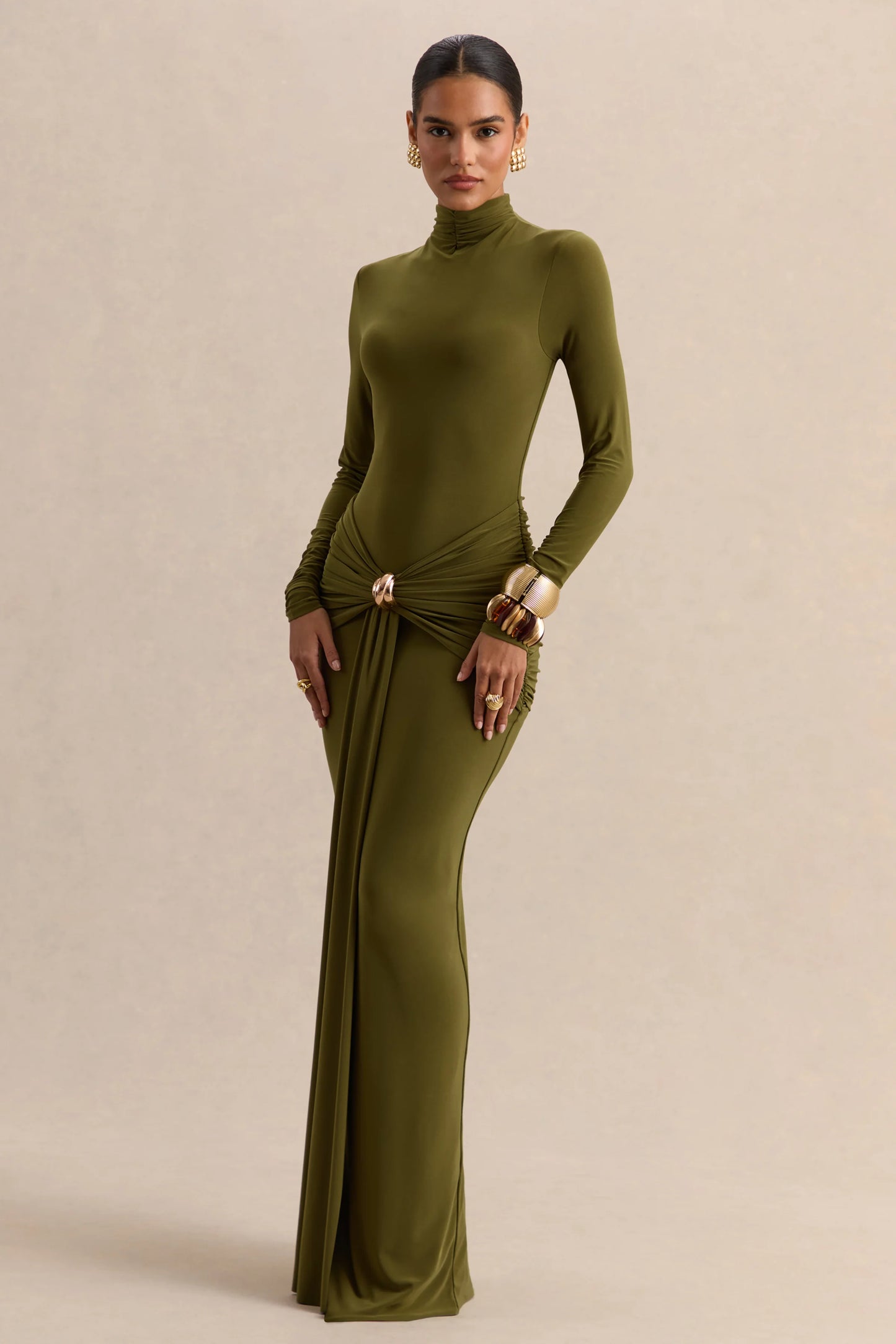 Ambrette Olive High-Neck Maxi Dress With Gathered-Detailing