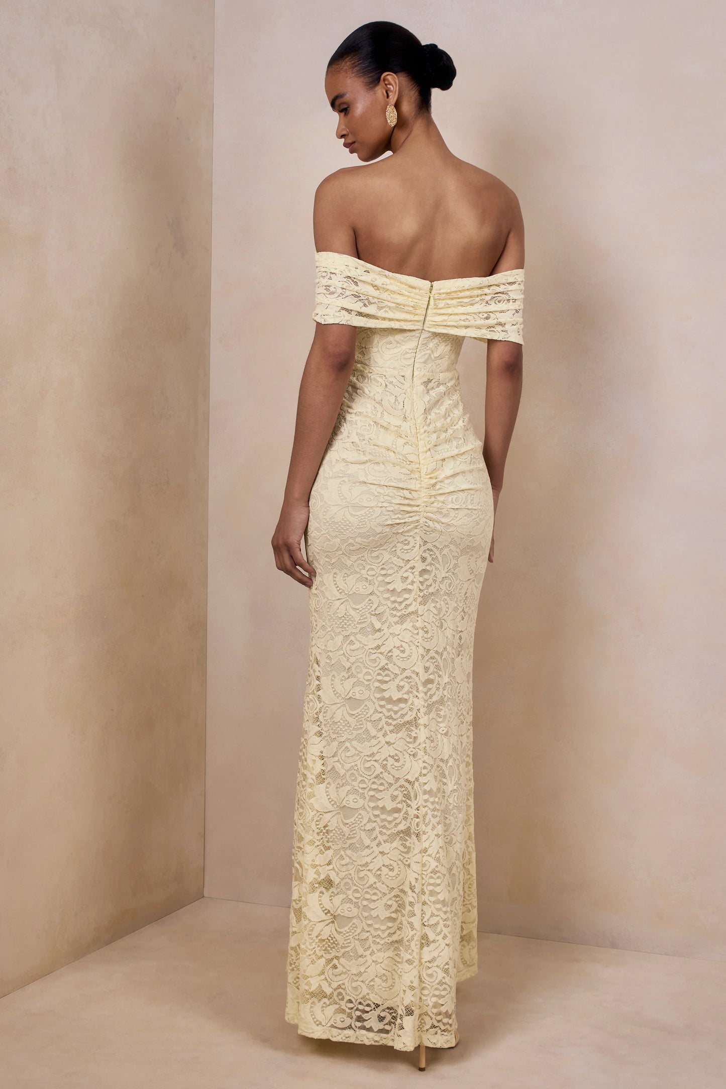 Aries Lemon Lace Bardot-Neck Maxi Dress With Gathered Detailing