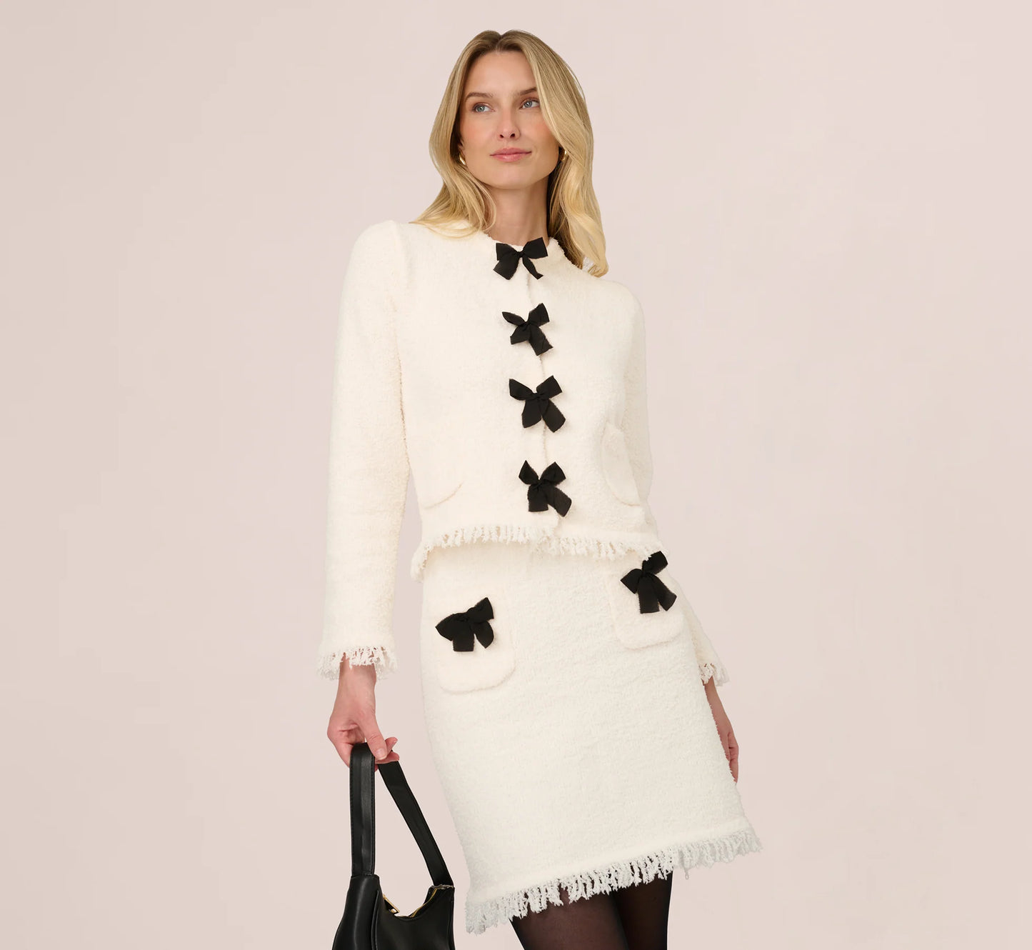 Chenille Boucle Bow Cardigan In Ivory Black