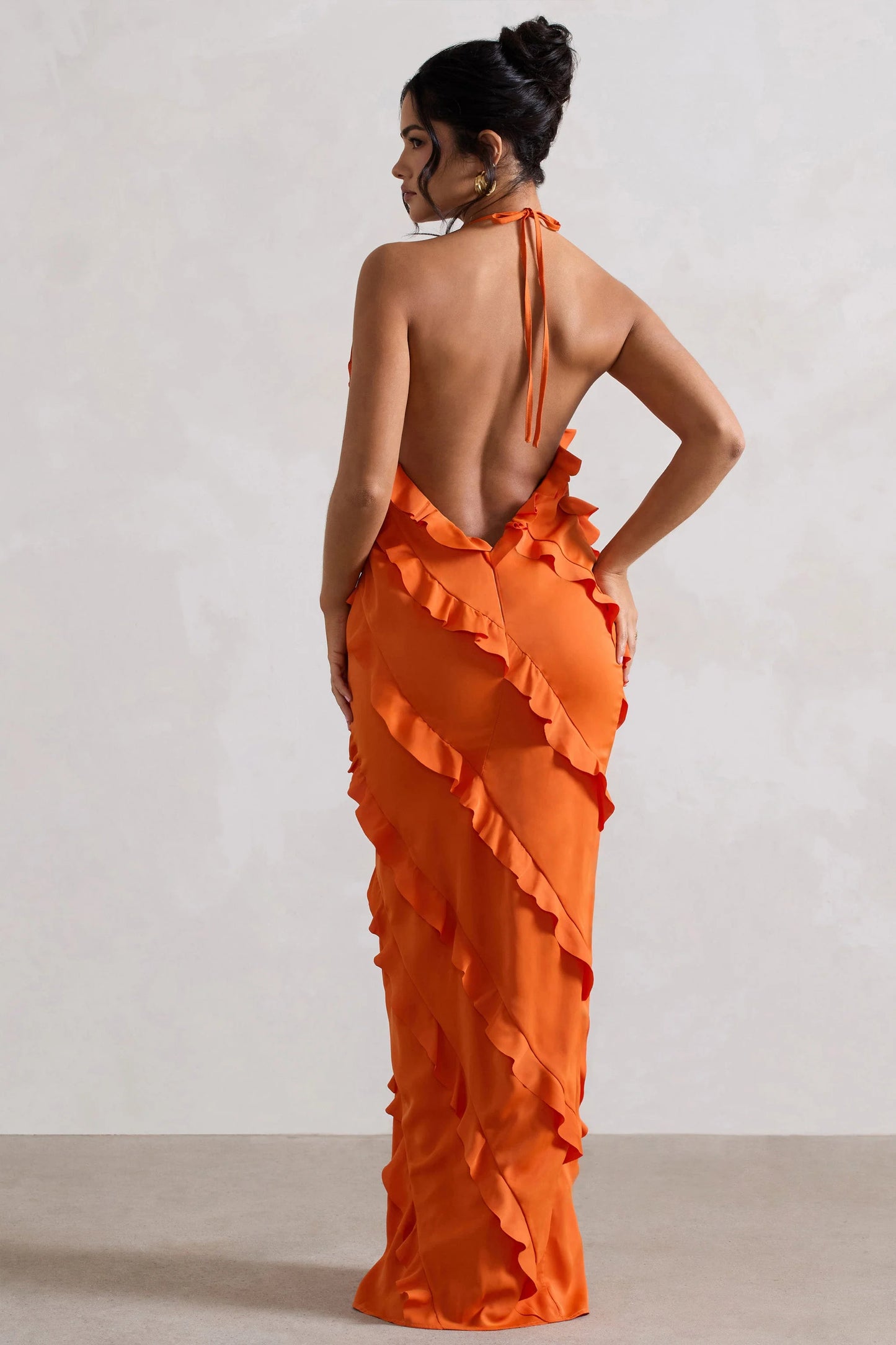 Full On Orange V-Neck Ruffle Maxi Dress