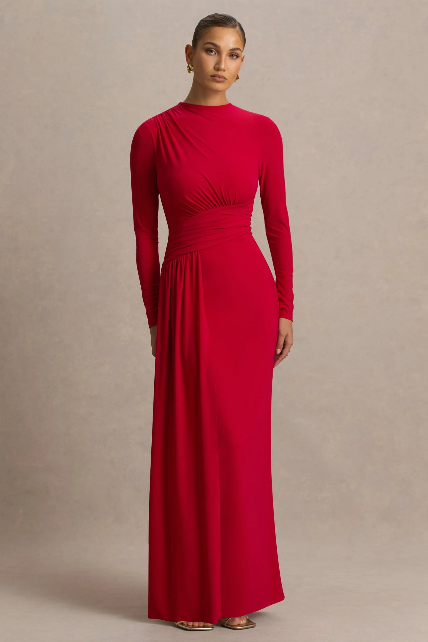 Virelle Red Boat-Neck Maxi Dress With Wrap Detail And Sash