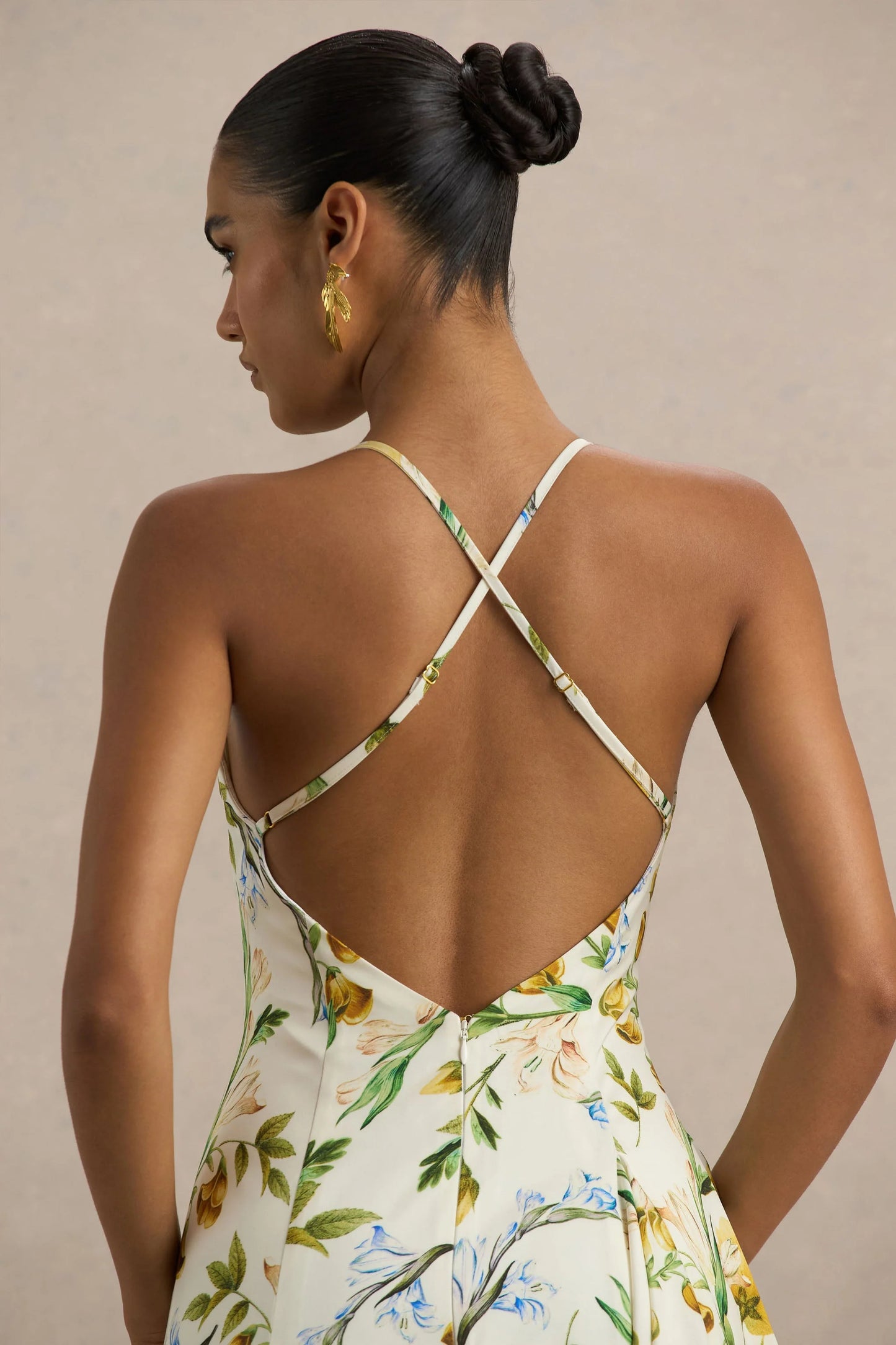 Glint Lemon Floral Print Satin Plunge-Neck Maxi Dress With Asymmetric Hem